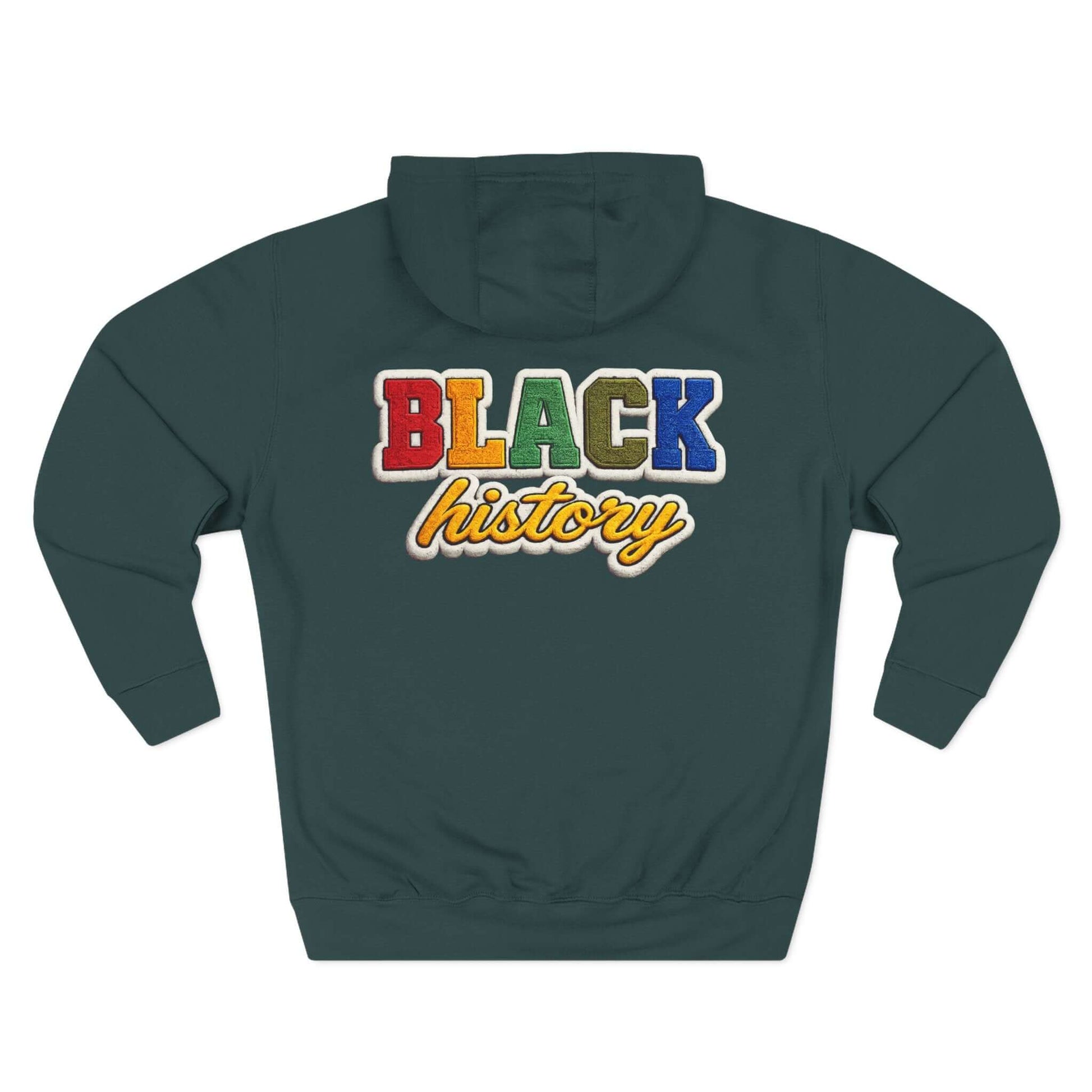 Back view of the Black History Faux Chenille Hoodie showcasing colorful text on premium fleece.