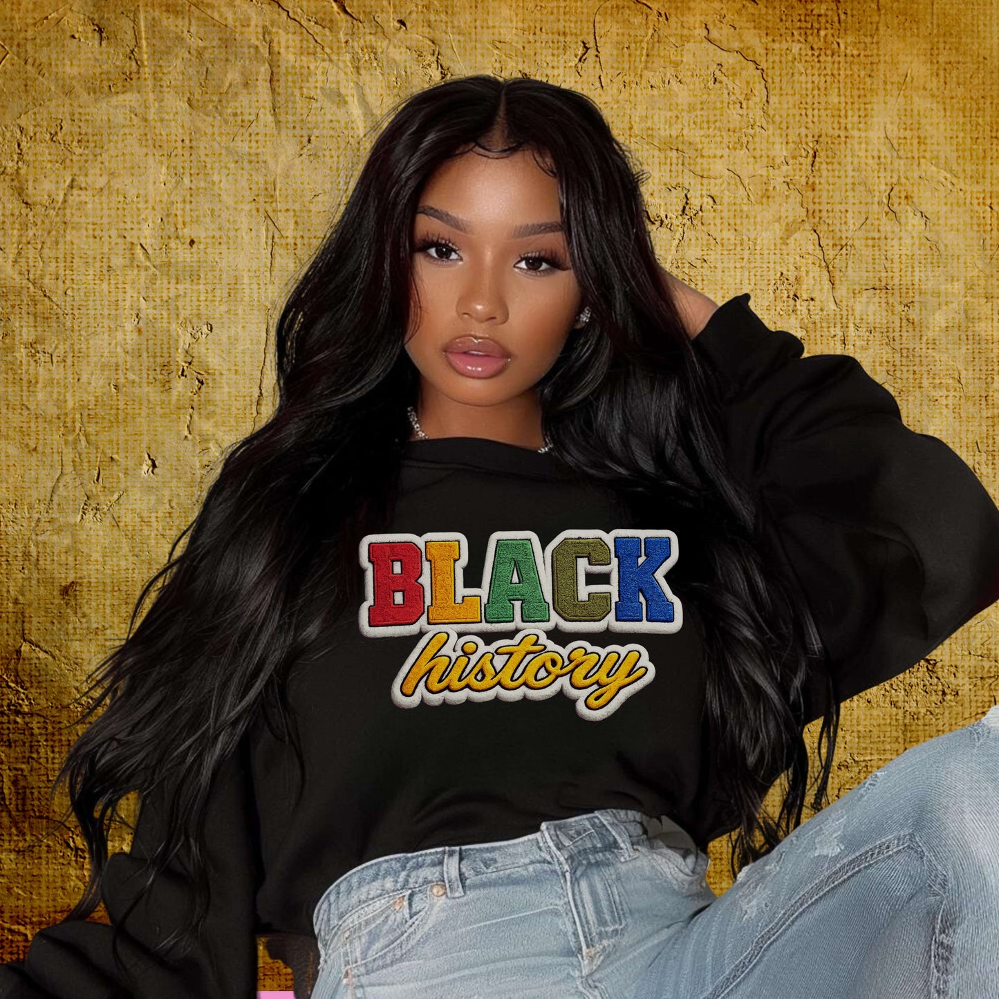 Model wearing a Black History faux chenille hoodie, styled against a textured gold background.