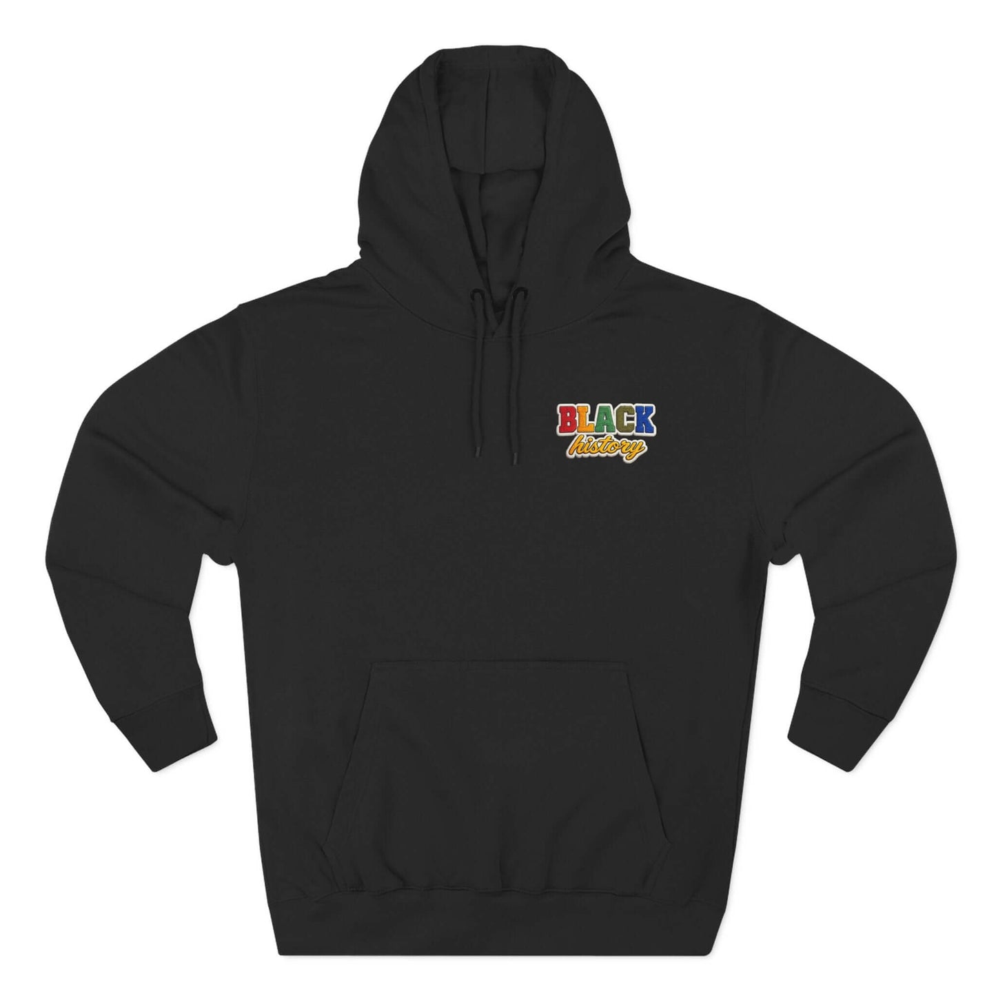 Black History Faux Chenille Hoodie in black featuring colorful text design.