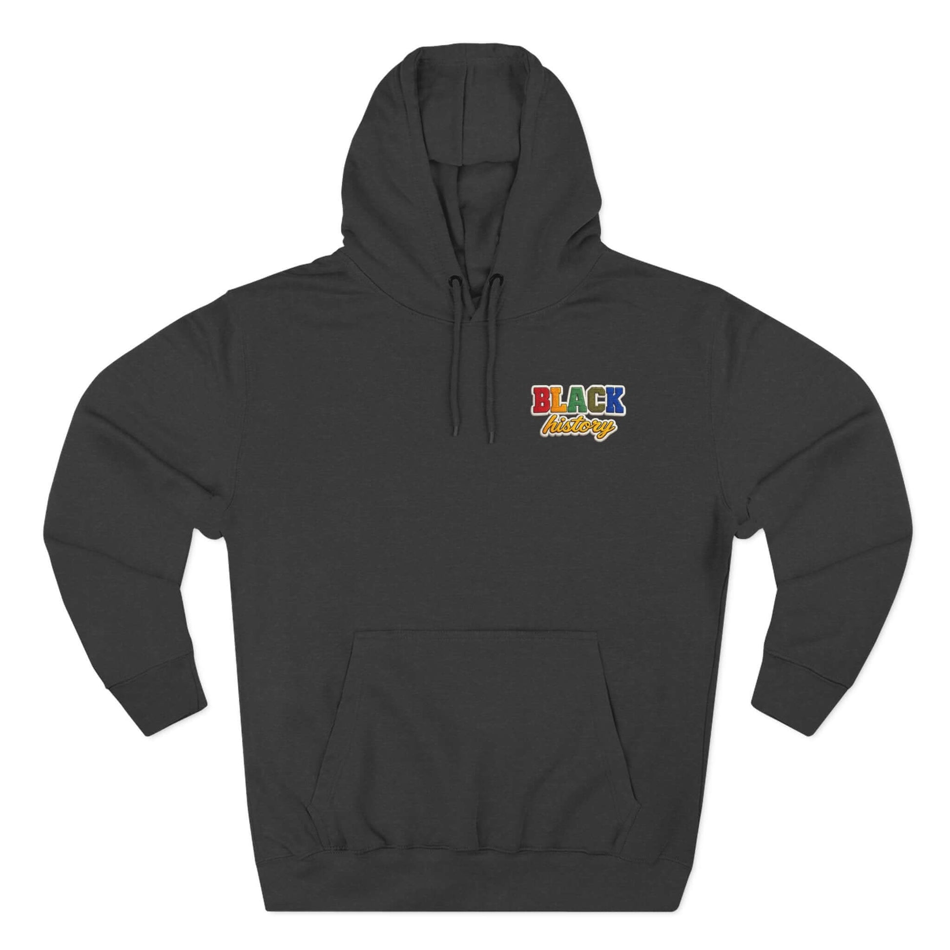 Black History Faux Chenille Hoodie in dark gray color, featuring vibrant 'BLACK History' text on the chest.