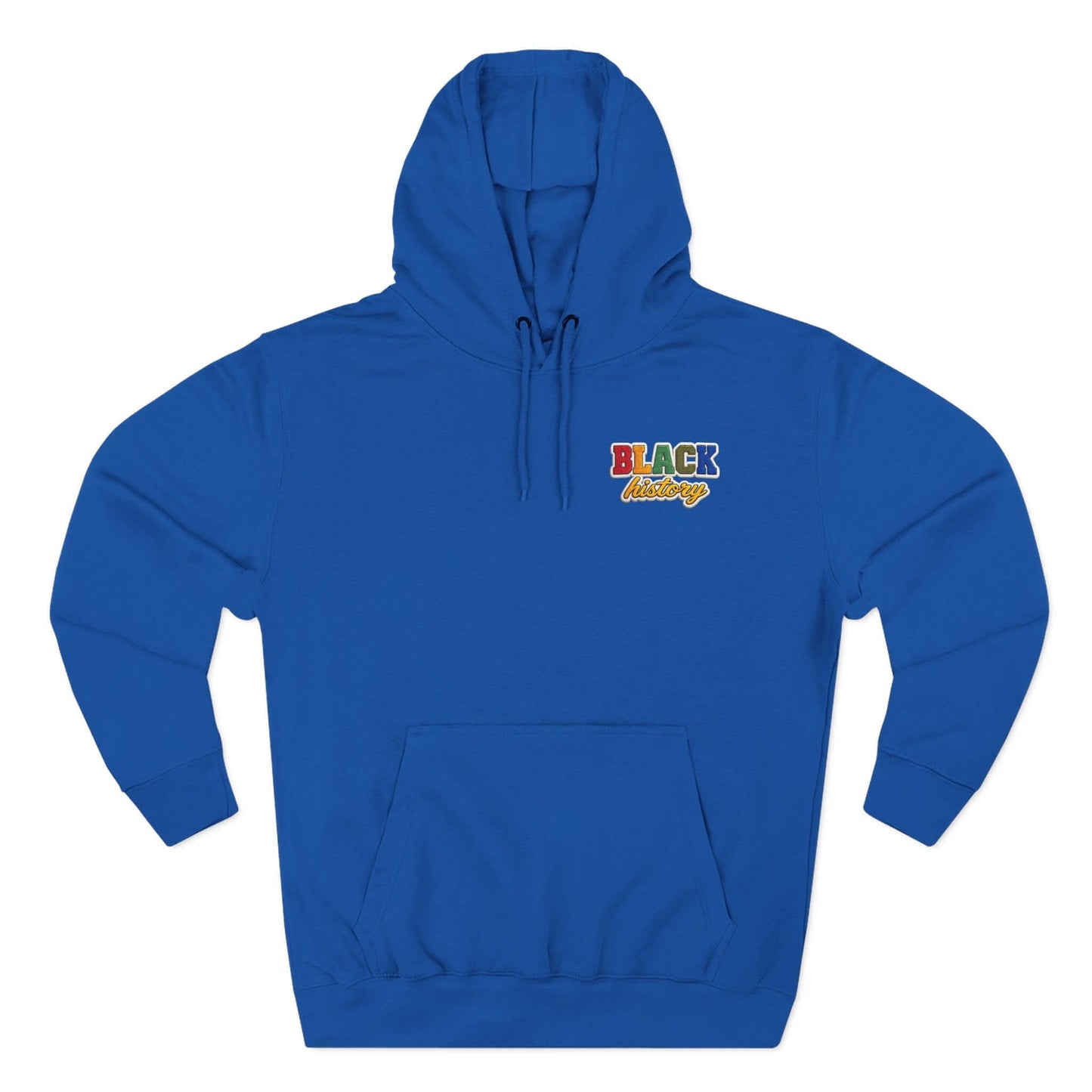 Black History Faux Chenille Hoodie in blue with colorful text symbolizing Black history.