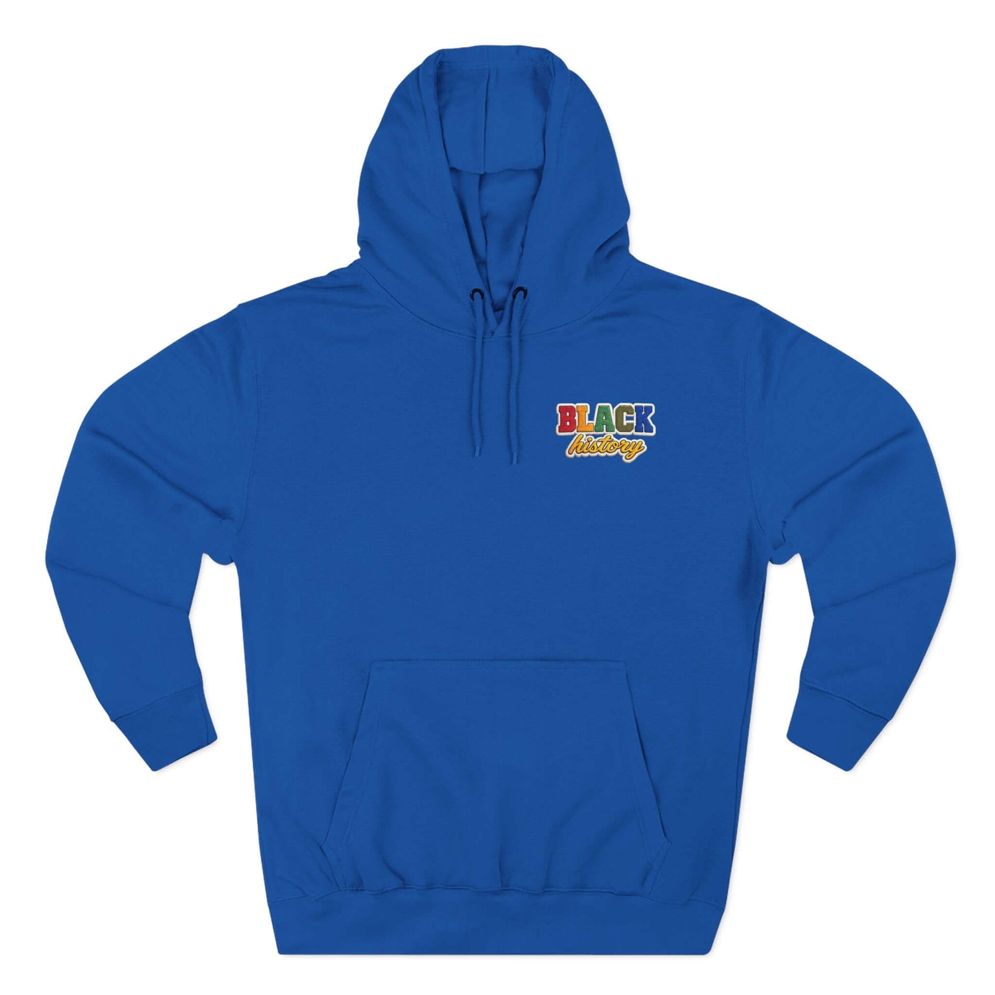 Black History Faux Chenille Hoodie in blue with colorful text symbolizing Black history.