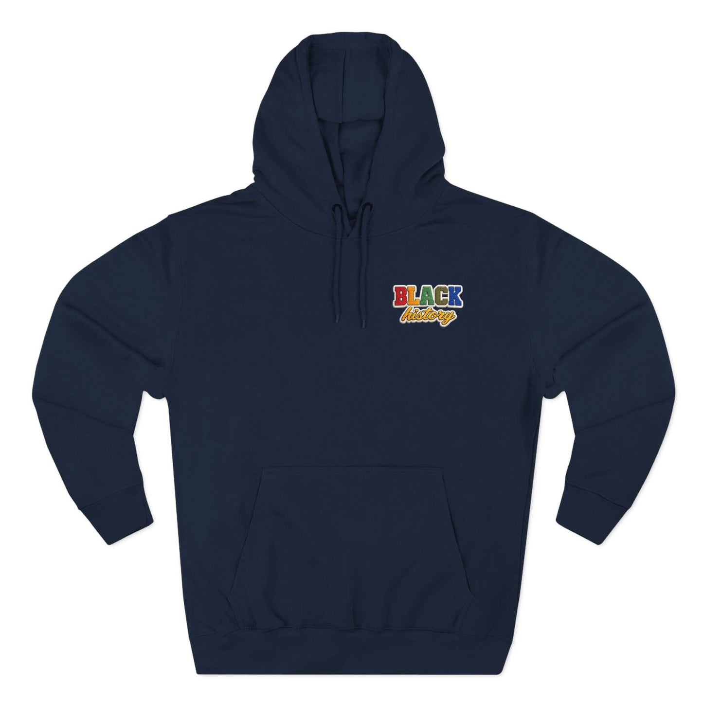 Black History Faux Chenille Hoodie in navy with colorful lettering and front pocket, designed for comfort and style.