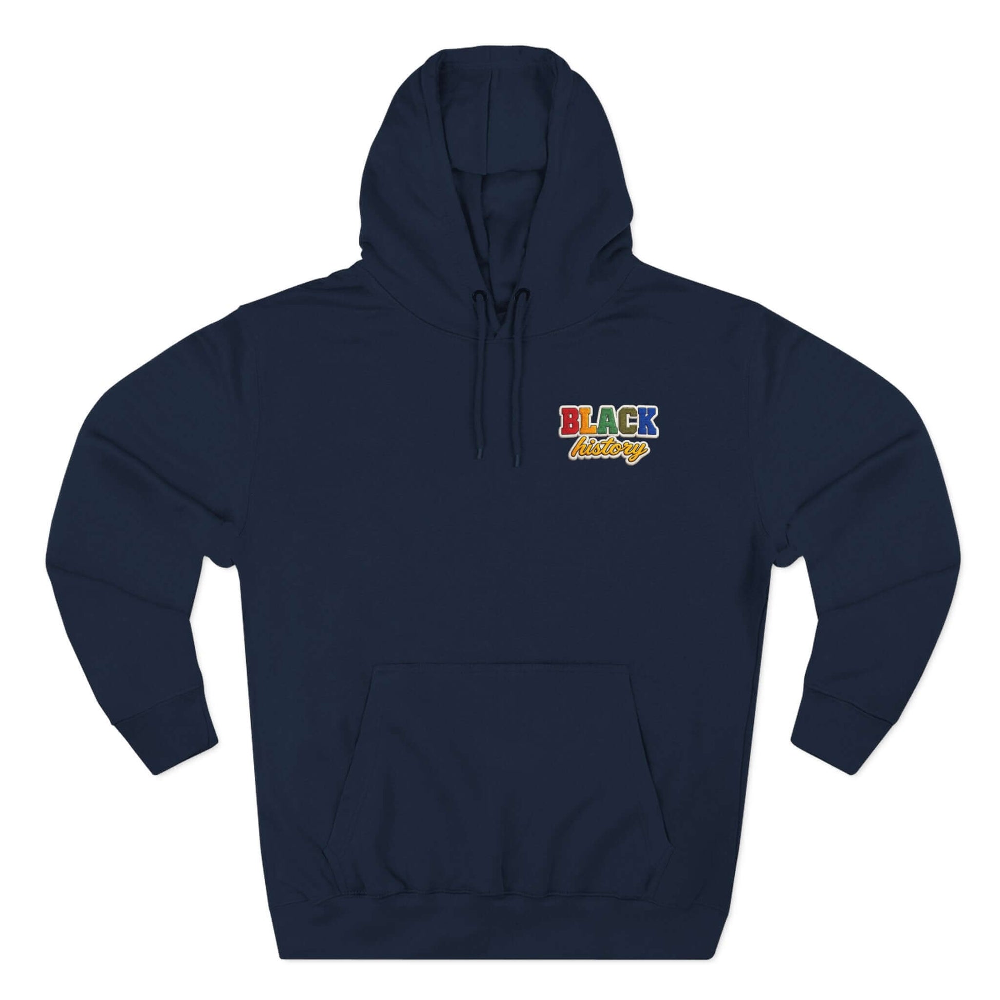 Black History Faux Chenille Hoodie in navy with colorful lettering and front pocket, designed for comfort and style.