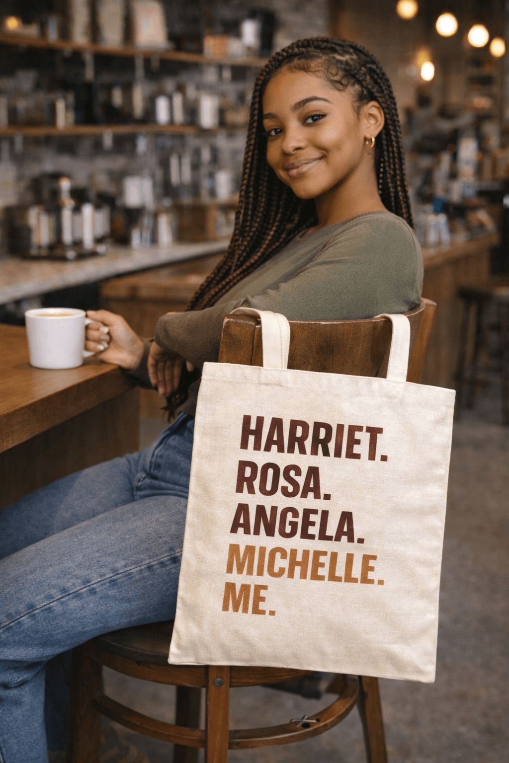 Black History Women’s Empowerment Cotton Canvas Tote Bag featuring iconic names at a café.