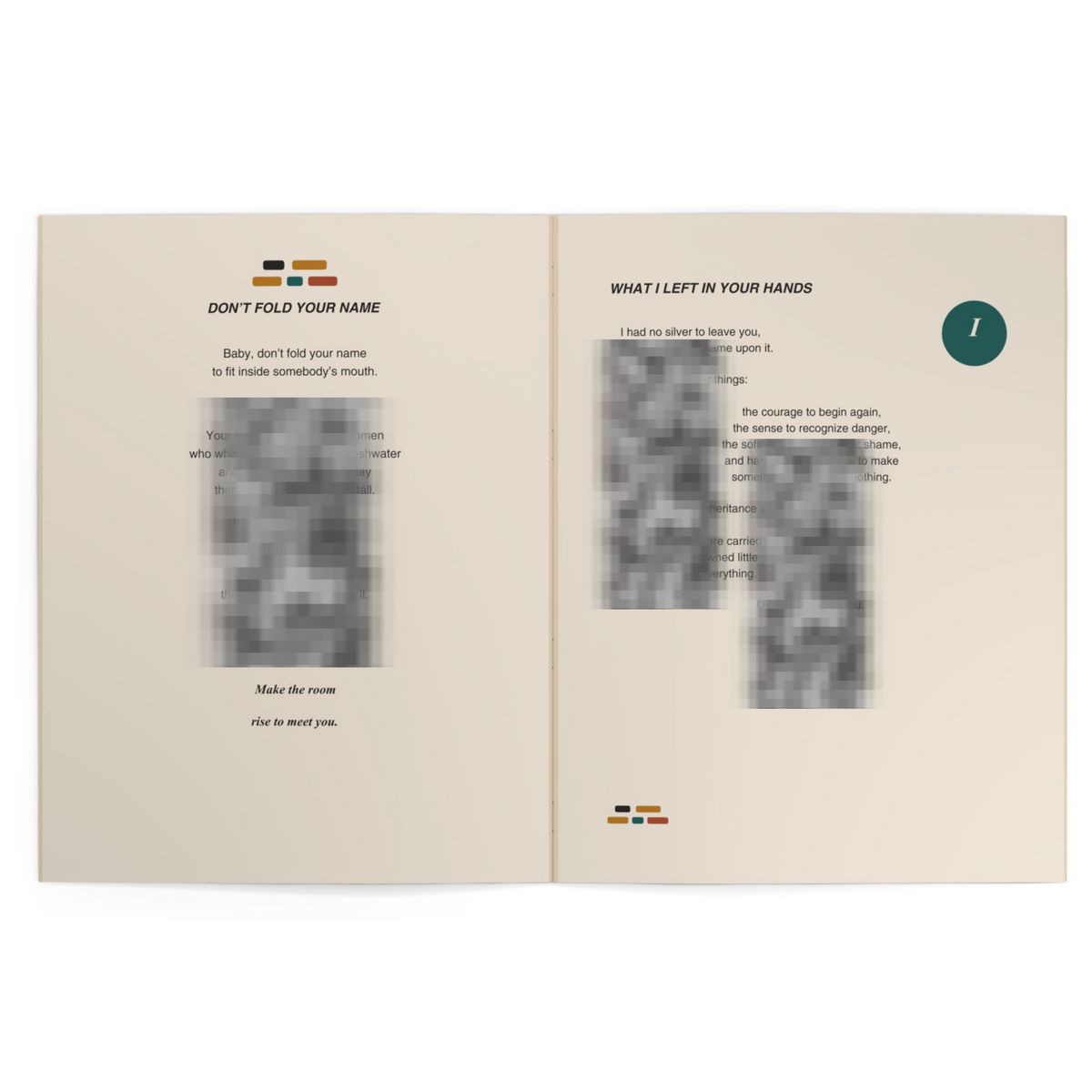 An open booklet or letter with two cream pages laid flat on a white background. The pages contain printed text, blurred rectangular photo areas, and small multicolor accent blocks near the top and bottom.