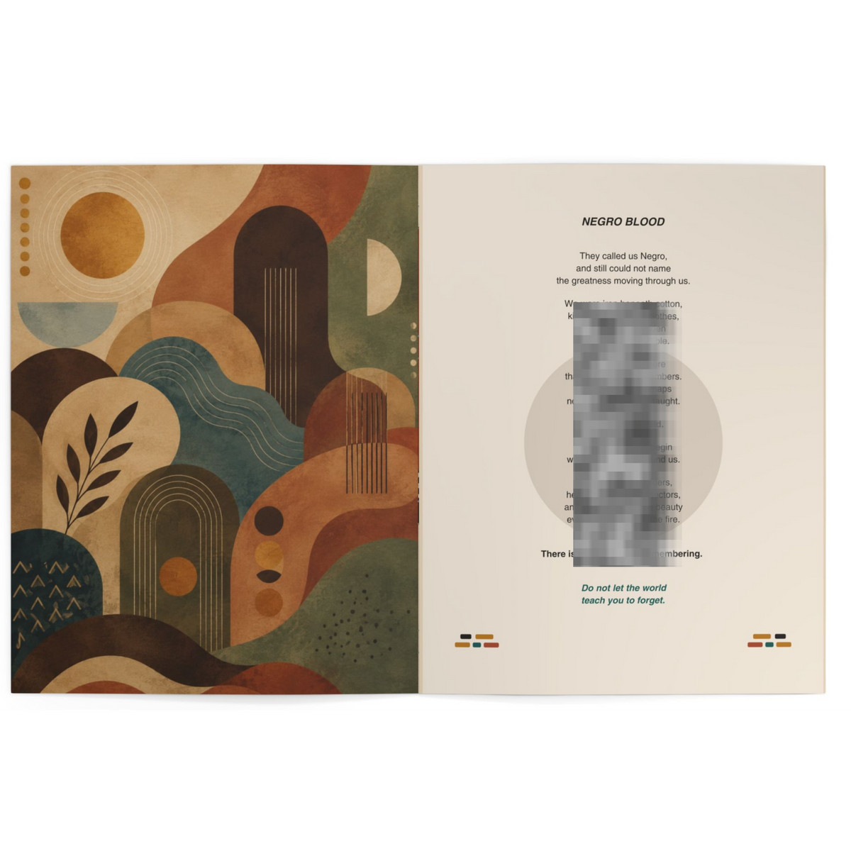 An open book or booklet spread shown against a plain white background. The left page features an abstract geometric landscape illustration in earthy tones of brown, beige, teal, and mustard.