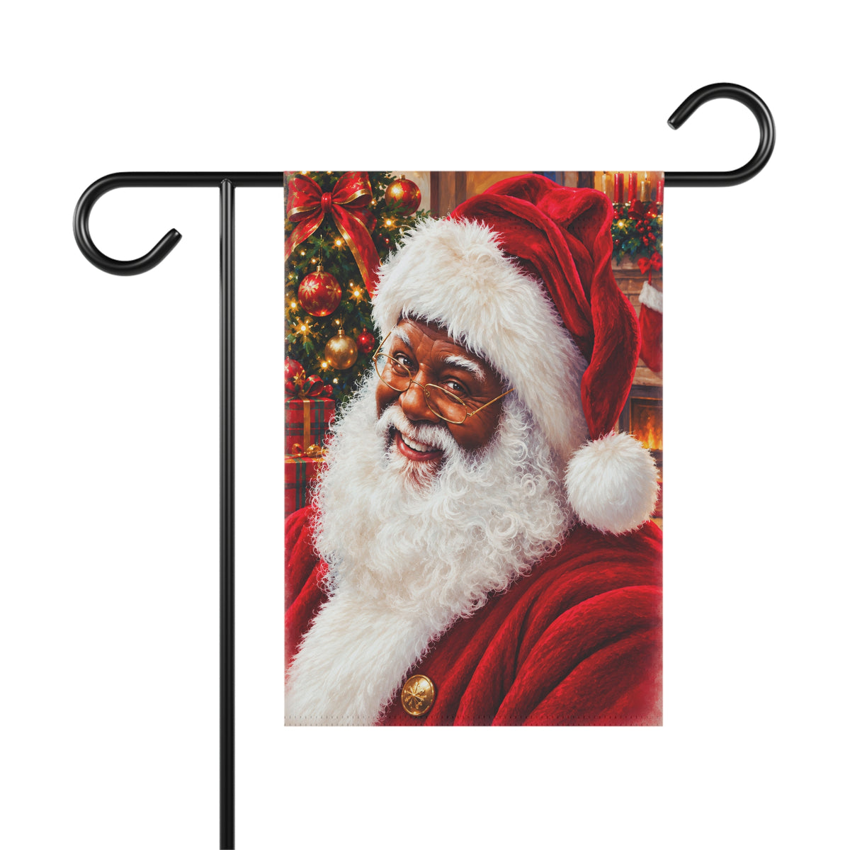A decorative garden flag featuring a portrait of Black Santa Claus in a red suit and hat with a white beard