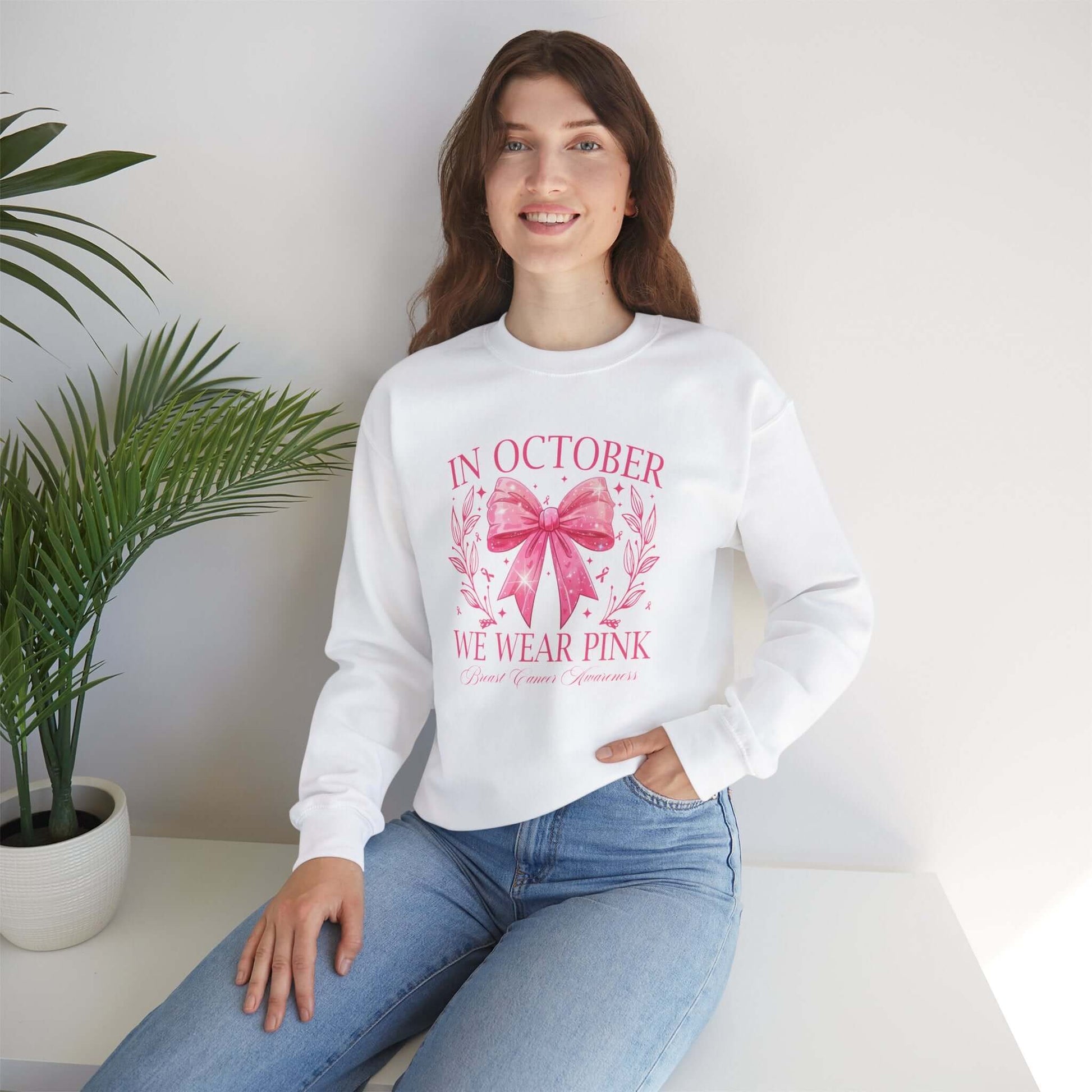 Breast Cancer Awareness Month Crewneck Sweatshirt | October Pink Ribbon, Brand63