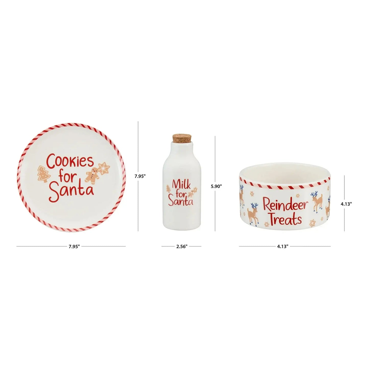Ceramic Santa Cookie Plate with Corked Milk Bottle & Reindeer Treats Bowl, Brand63