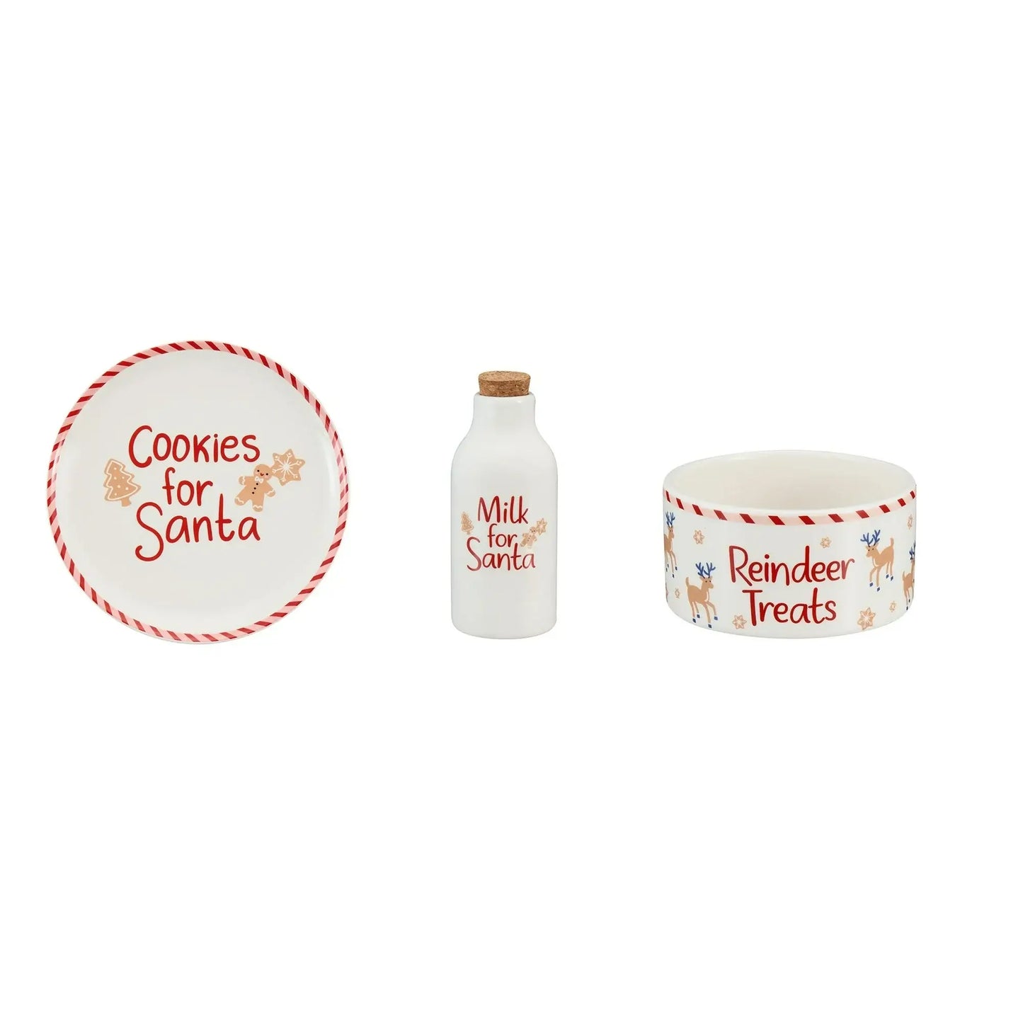 Ceramic Santa Cookie Plate with Corked Milk Bottle & Reindeer Treats Bowl, Brand63