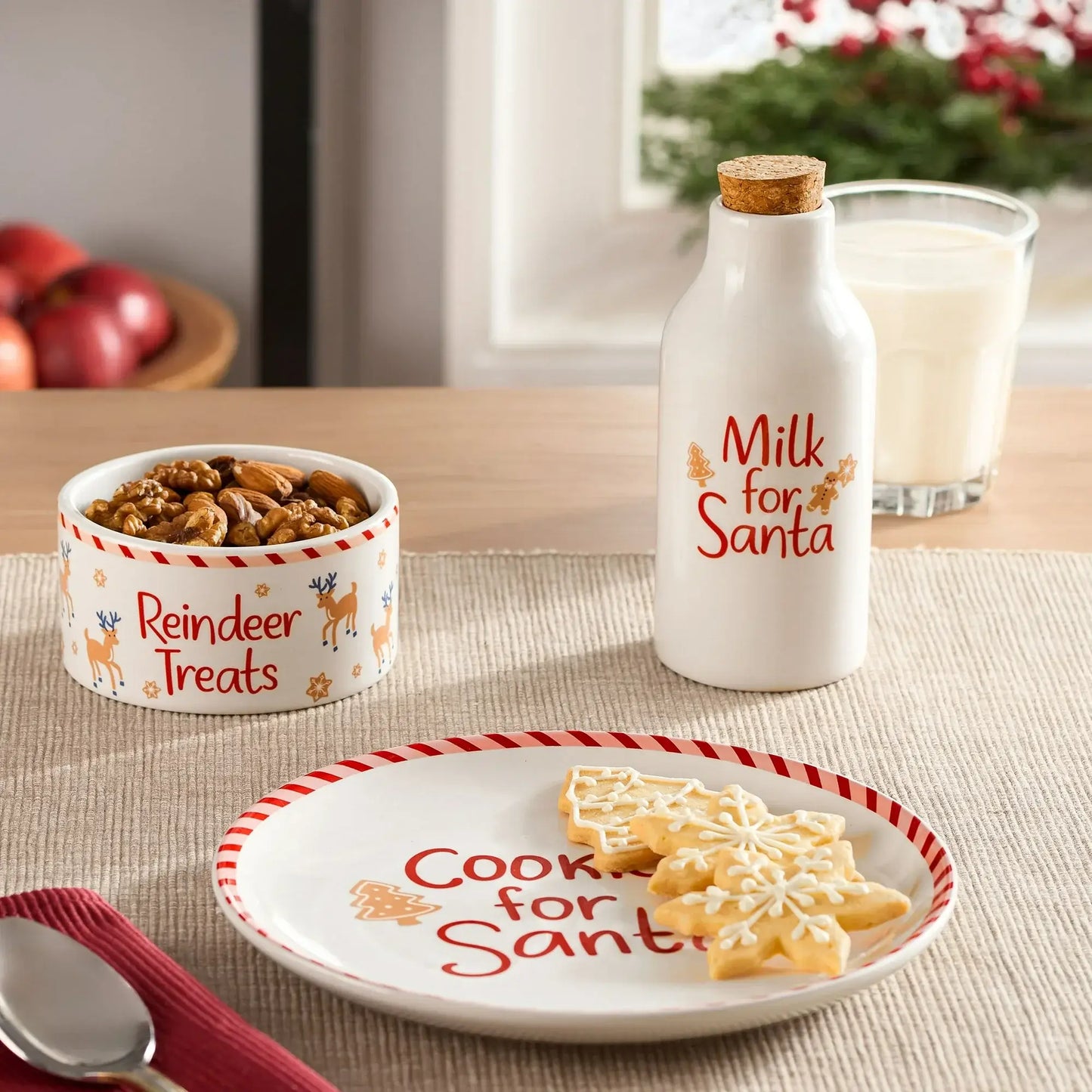 Ceramic Santa Cookie Plate with Corked Milk Bottle & Reindeer Treats Bowl, Brand63