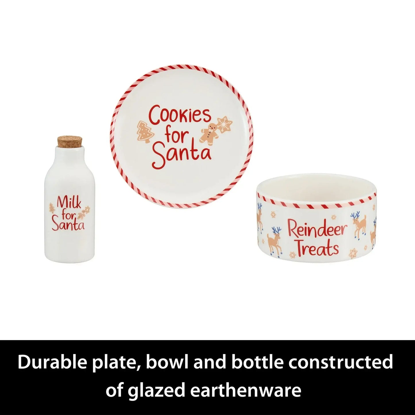 Ceramic Santa Cookie Plate with Corked Milk Bottle & Reindeer Treats Bowl, Brand63