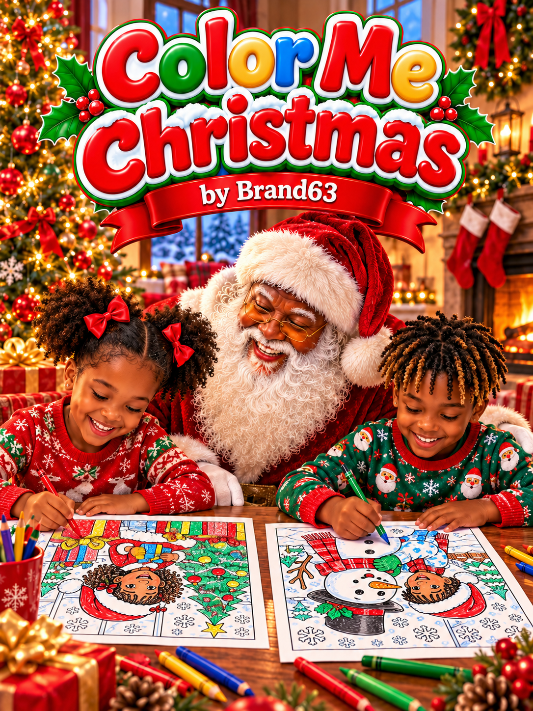 A festive holiday coloring book cover titled 'Color Me Christmas by Brand63' featuring Santa Claus and two children coloring together on Christmas-themed pages, surrounded by a decorated Christmas tree, stockings, and gifts.
