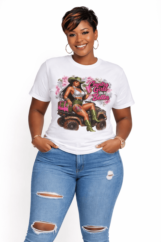 Cowgirl Sassy Graphic Tee featuring a woman in a floral design tee, styled with jeans, exuding country girl attitude.