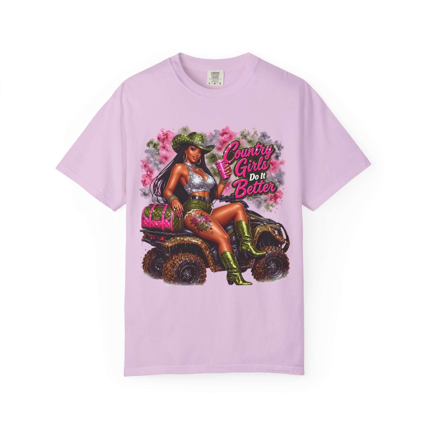 Cowgirl Sassy Graphic Tee featuring a confident country girl on an ATV in a stylish pink shirt.