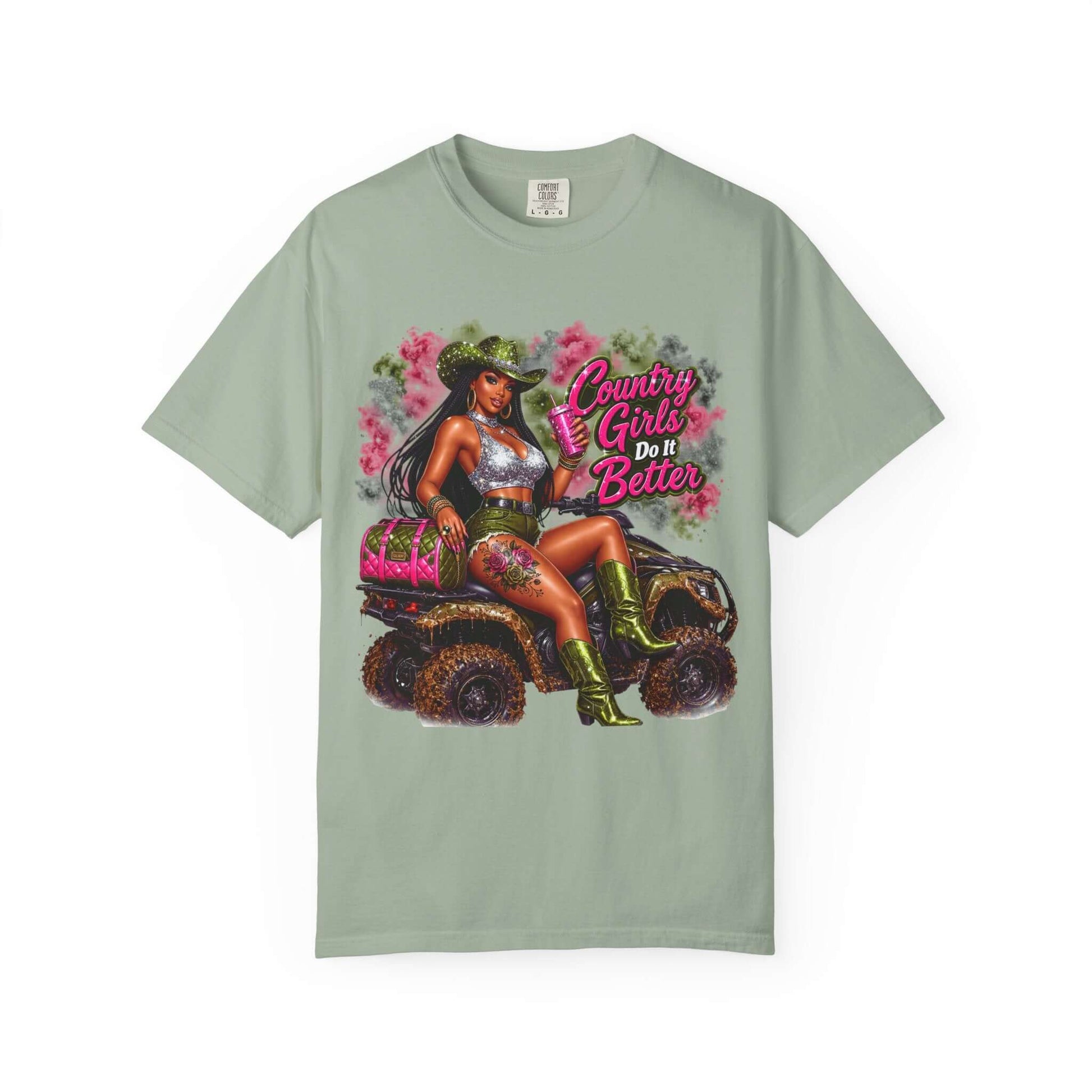 Cowgirl Sassy Graphic Tee featuring country girl graphic with vibrant colors on a soft, garment-dyed green tee.