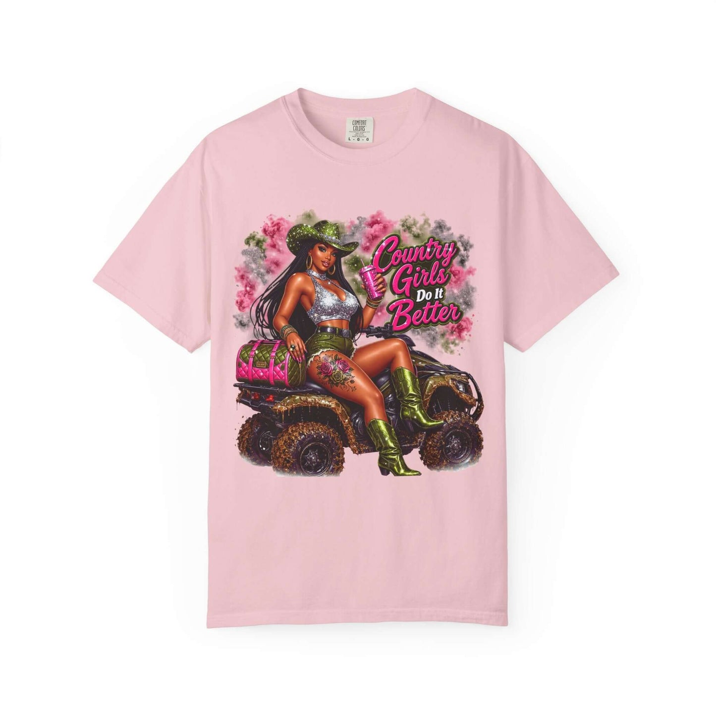 Cowgirl Sassy Graphic Tee featuring a stylish country girl on an ATV with the text 'Country Girls Do It Better'.