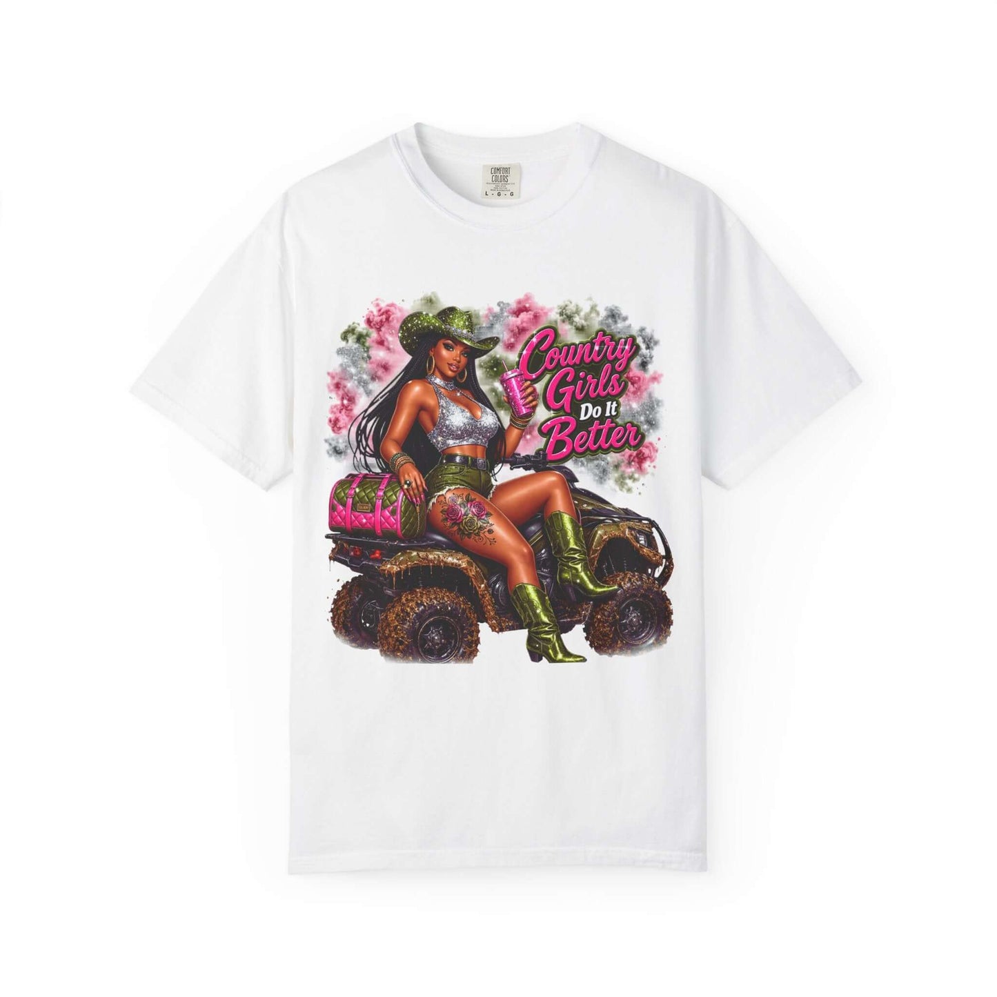 Cowgirl Sassy Graphic Tee featuring a confident woman in a cowboy hat on a vehicle with floral accents.