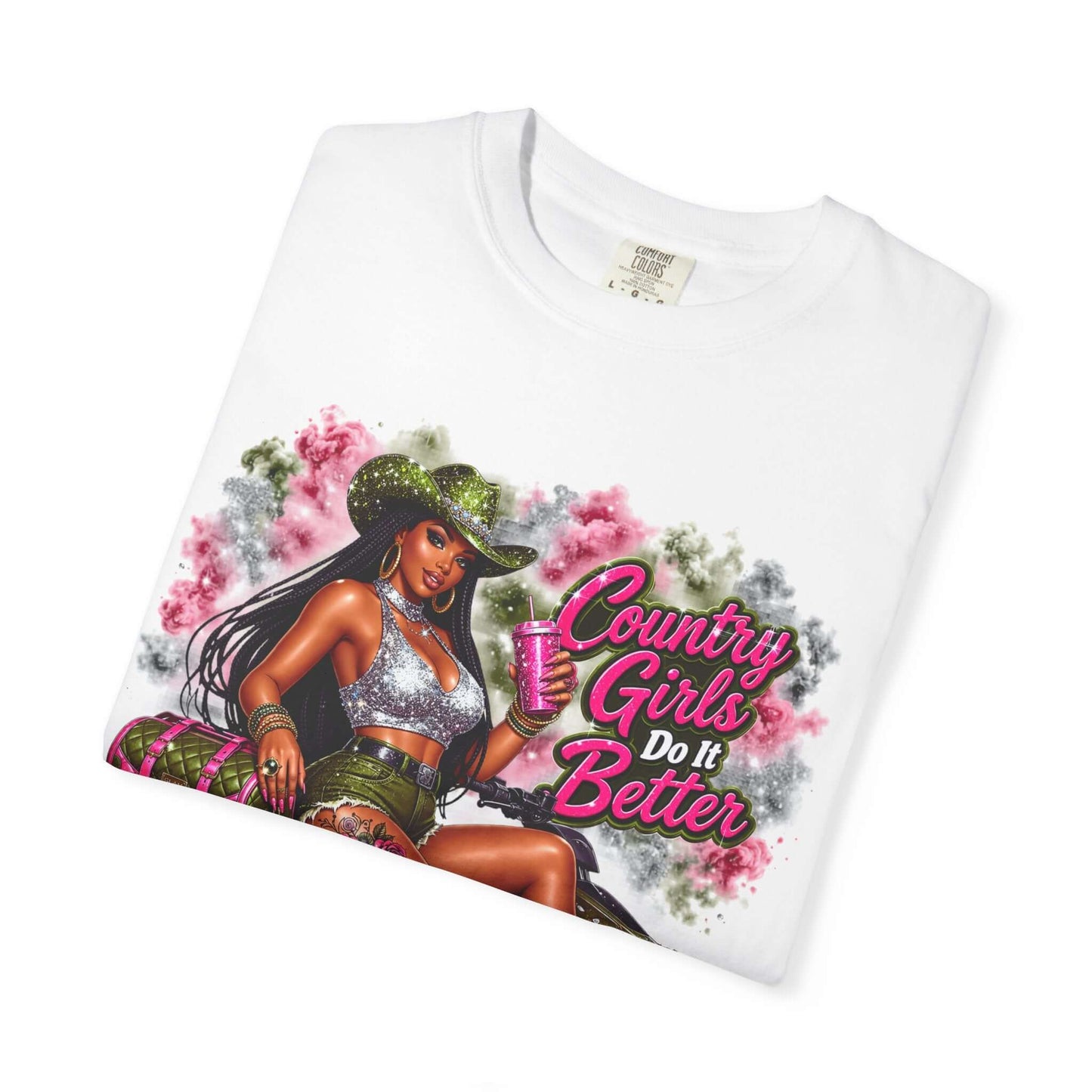 Cowgirl Sassy Graphic Tee featuring a stylish woman with a cocktail in a country-themed design.