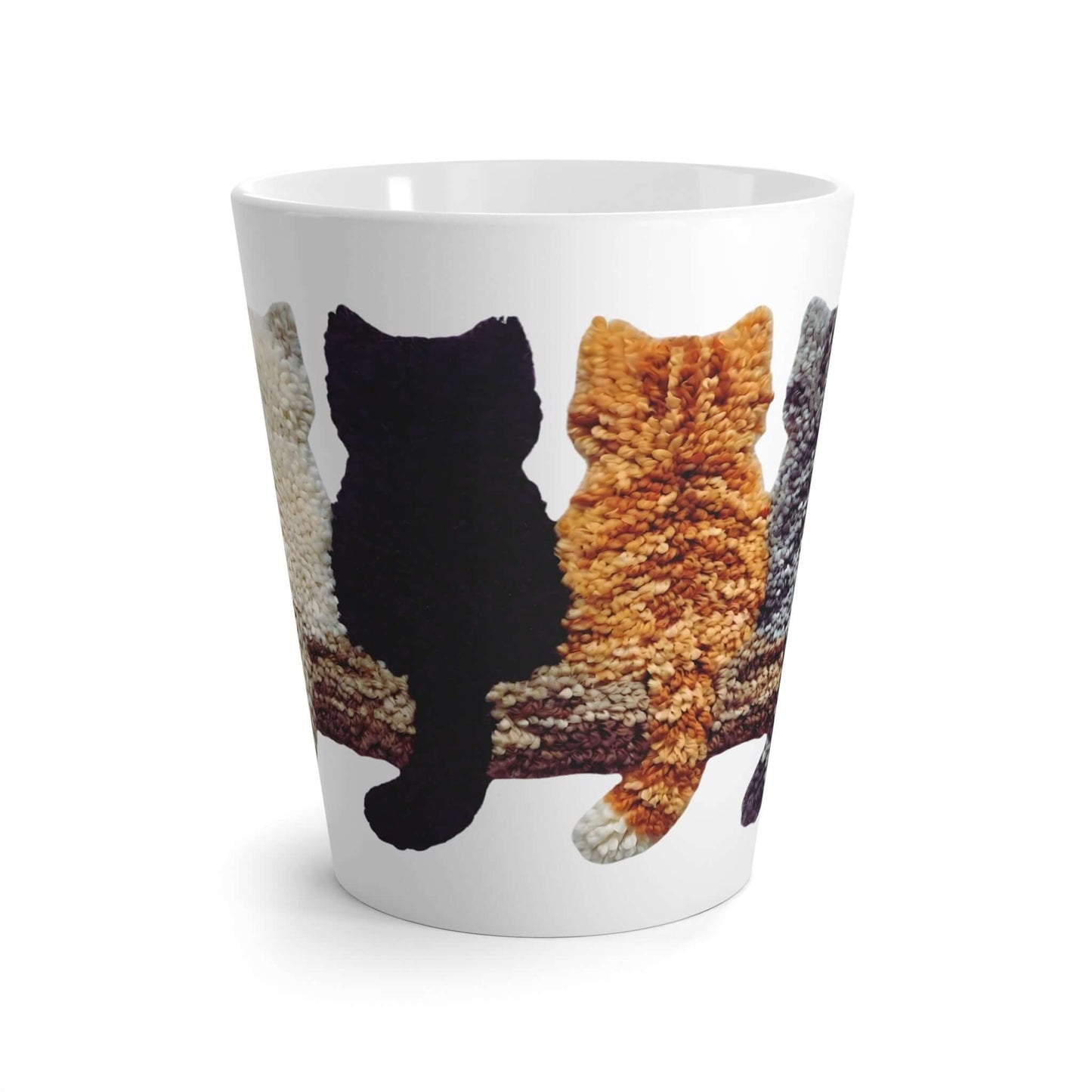 Cute Kittens faux yarn latte mug with adorable kitten illustrations on a white ceramic surface.
