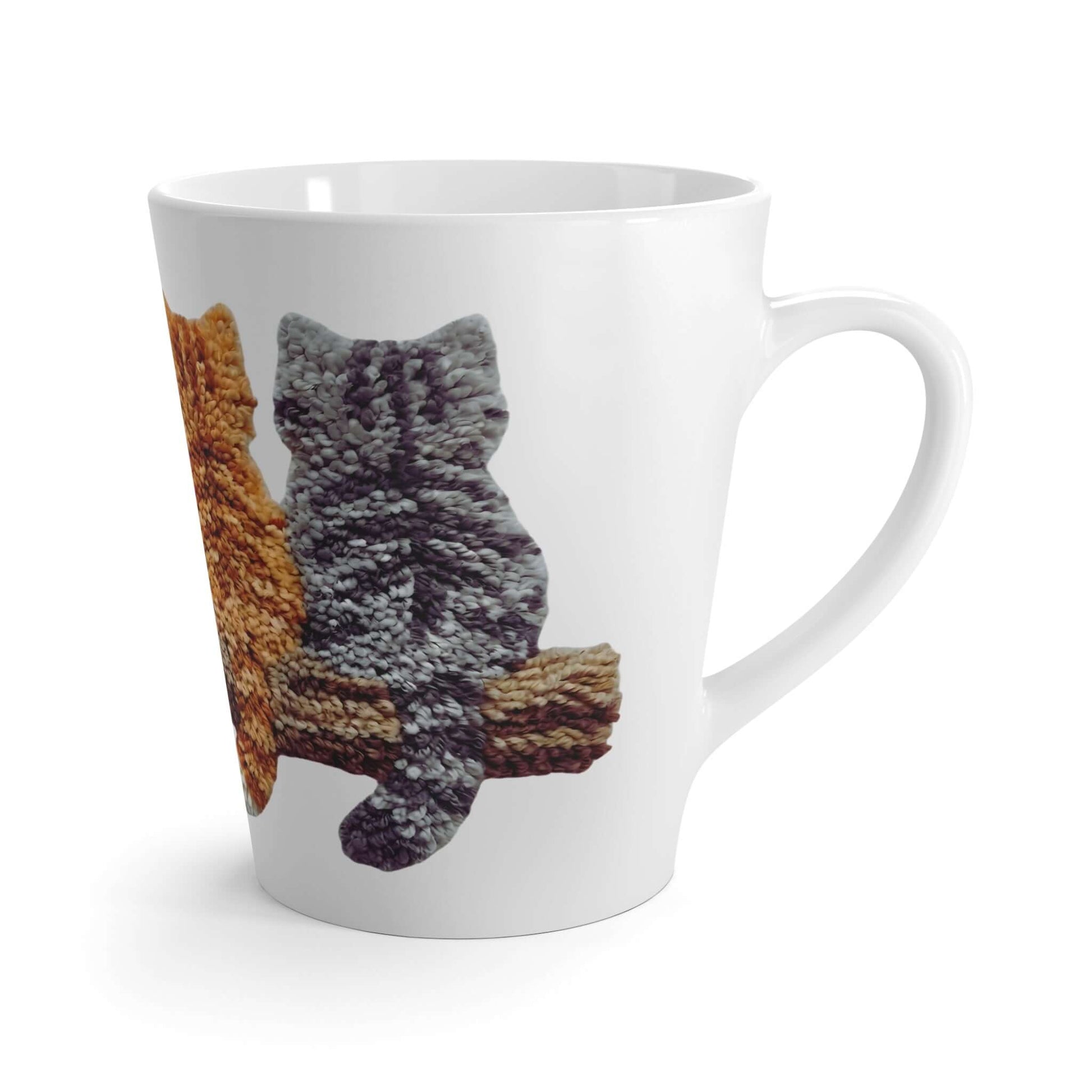 Cute Kittens faux yarn latte mug featuring adorable kitten illustrations for a cozy coffee experience.