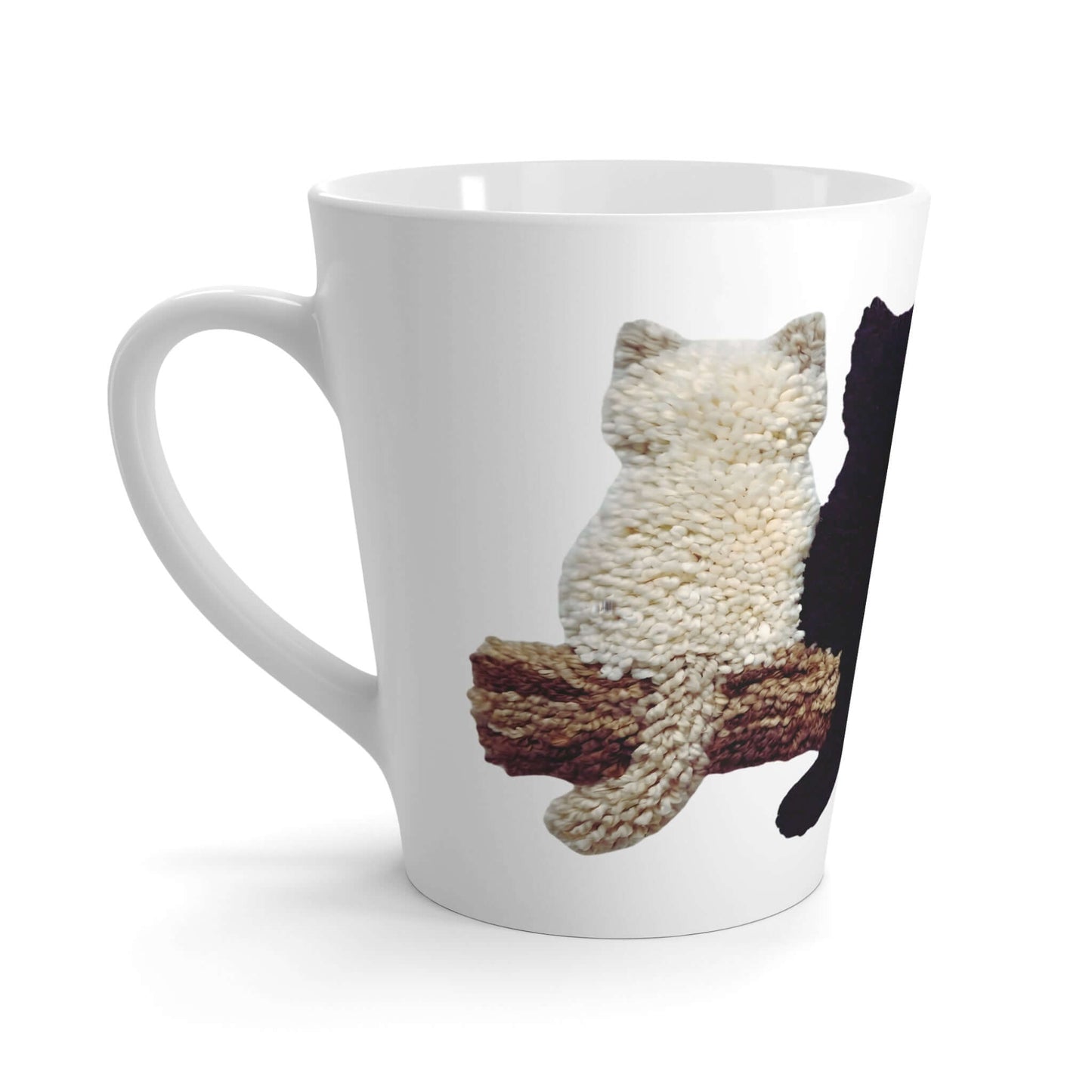 Cute Kittens faux yarn latte mug featuring adorable kitten illustrations sitting on a branch.