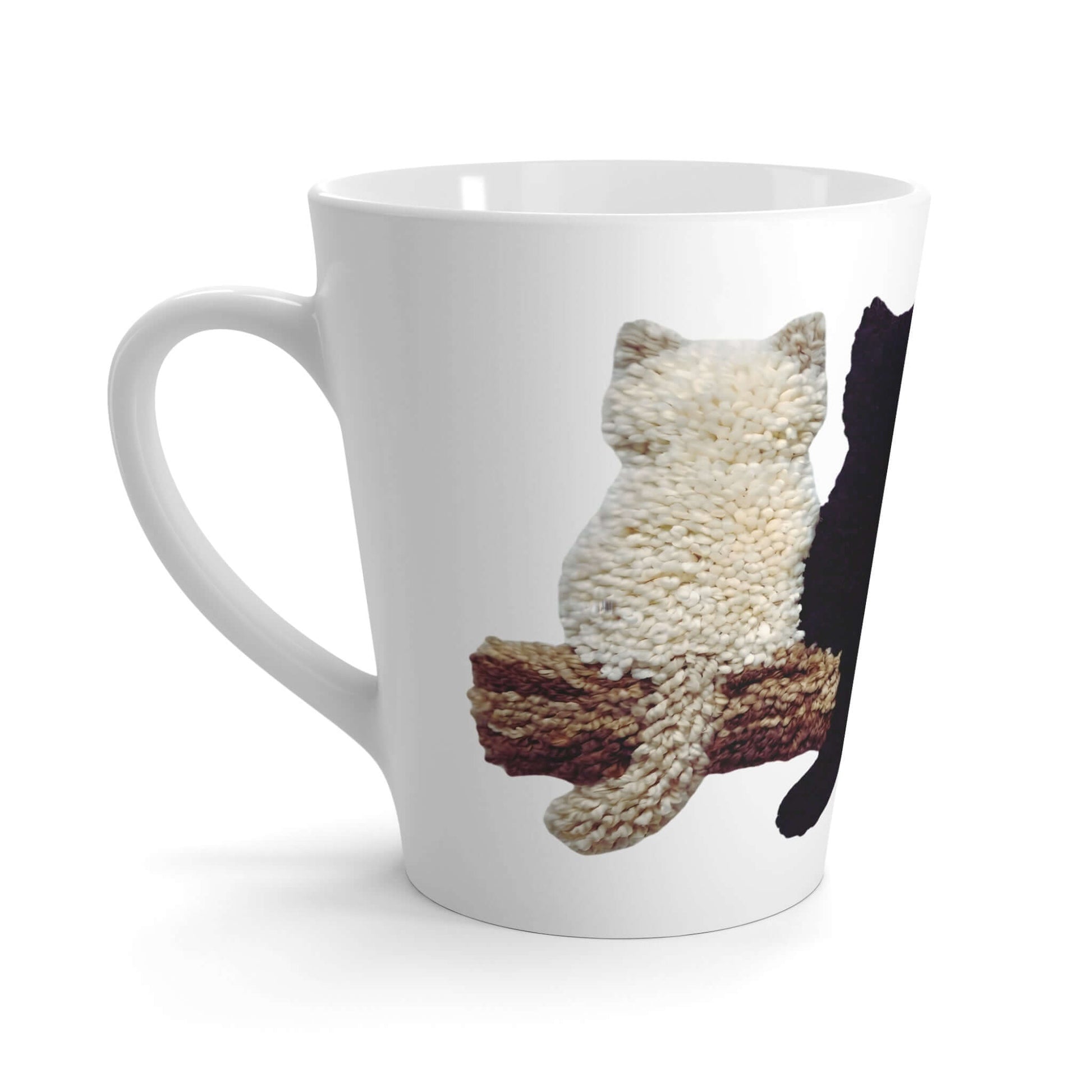 Cute Kittens faux yarn latte mug featuring adorable kitten illustrations sitting on a branch.