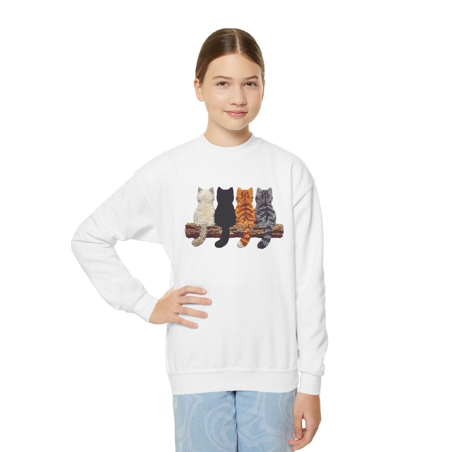 Cute Kittens youth crewneck sweatshirt featuring playful kittens sitting on a branch.