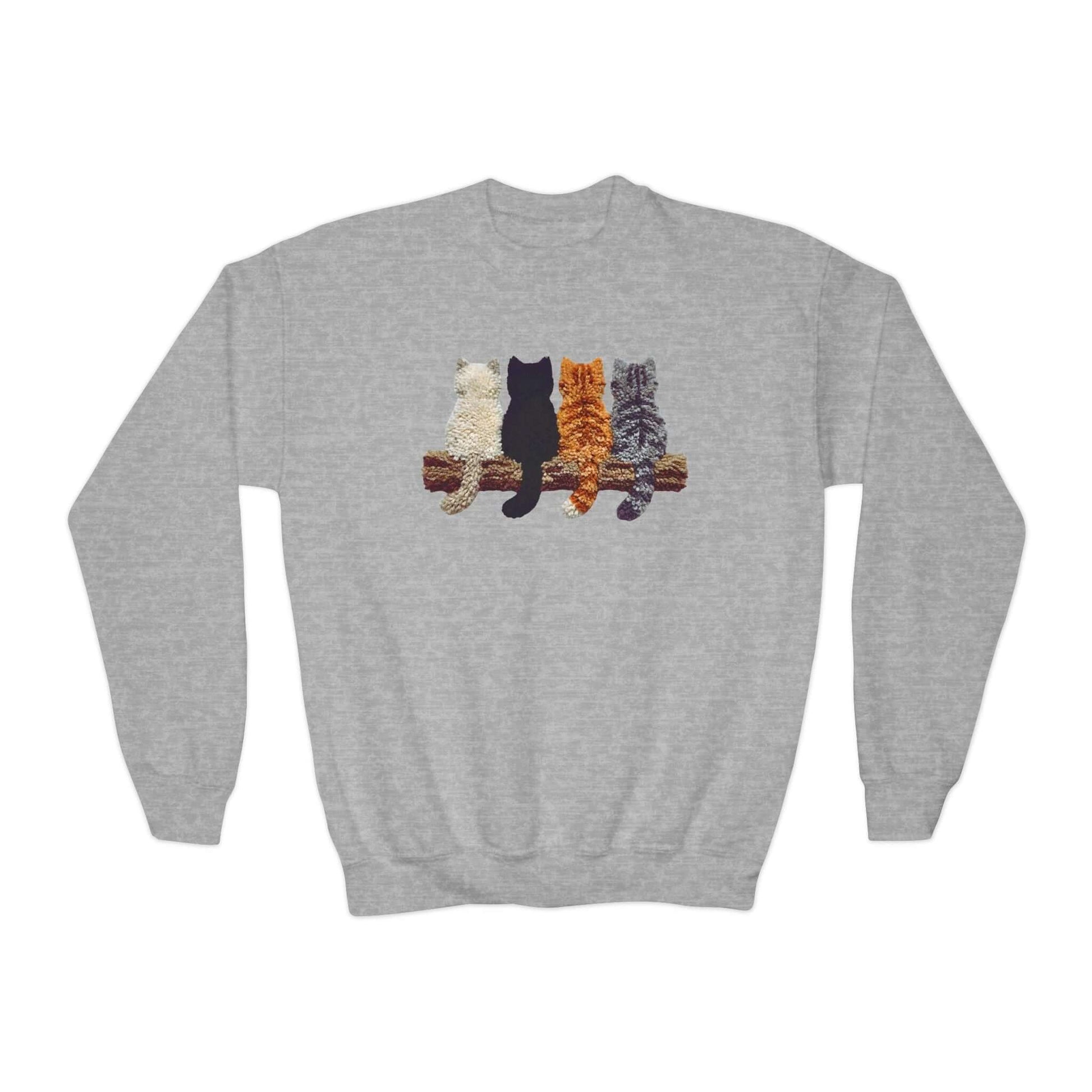 Cute Kittens faux yarn design on a gray youth crewneck sweatshirt with playful kitten art.
