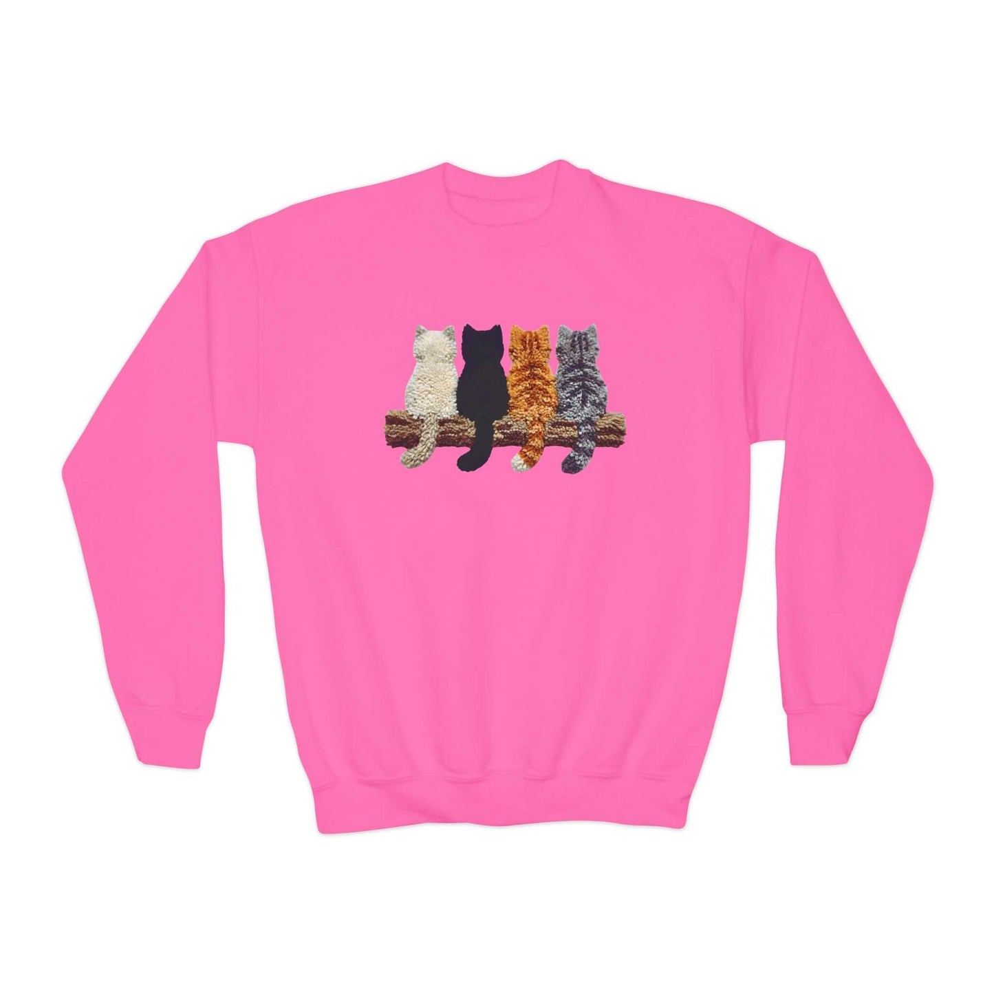 Cute Kittens youth crewneck sweatshirt in bright pink, featuring playful kitten design.