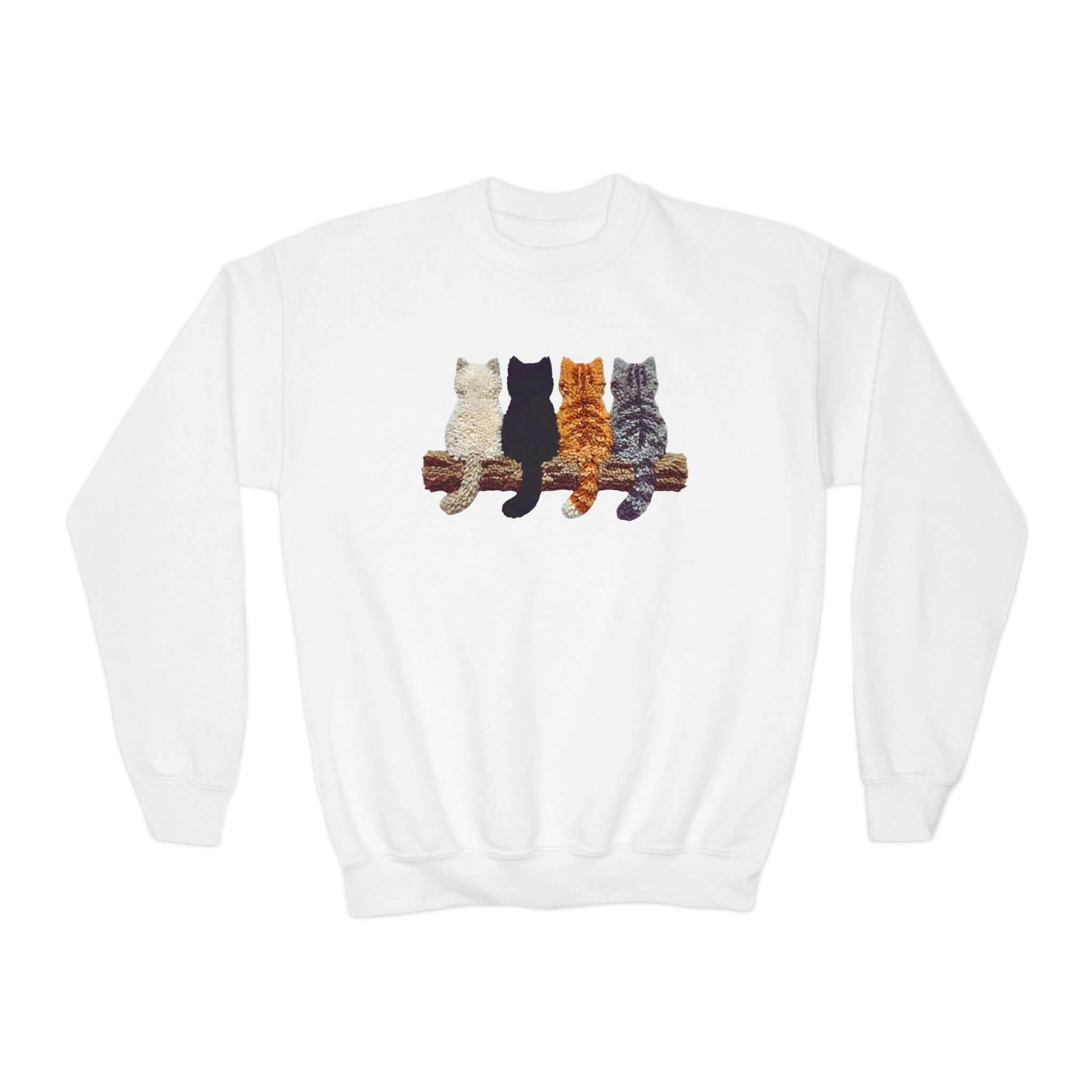 Cute Kittens design on a cozy white youth crewneck sweatshirt featuring playful kitty illustrations.