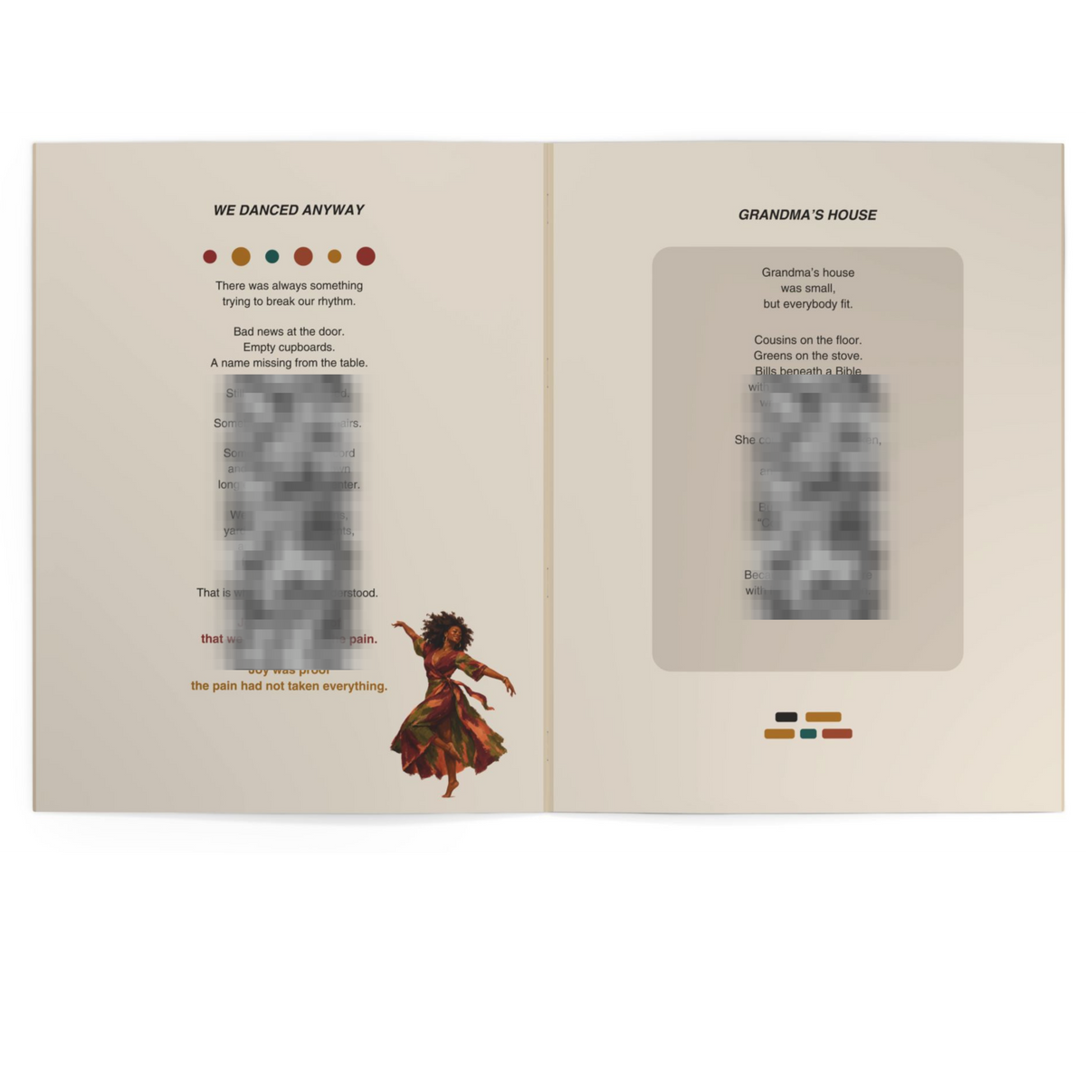 An open book or album spread with cream pages, printed text, blurred censor boxes over text sections, a small Black dancer illustration near the bottom left, and color swatches along the bottom edge.
