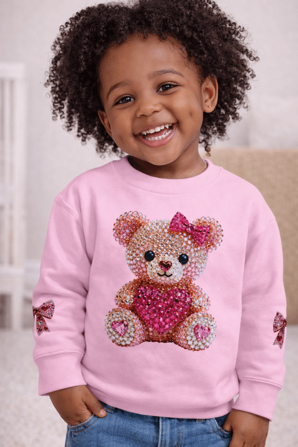 Toddler wearing a pink sweatshirt featuring a Diamond Teddy Bear design, smiling happily while posing.