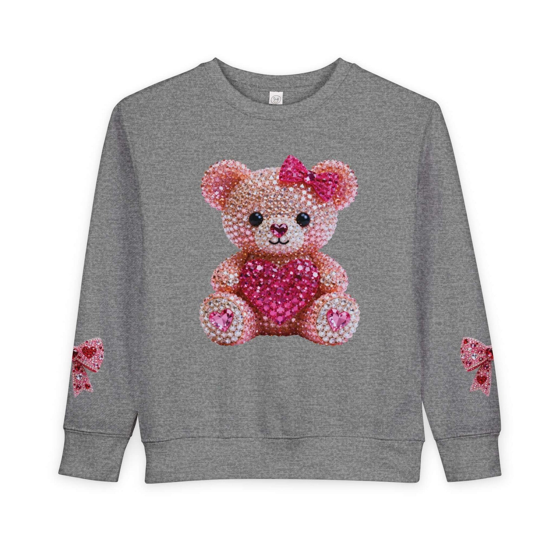Diamond Teddy Bear sweatshirt featuring a sparkling teddy bear with a heart and bows on the sleeves.