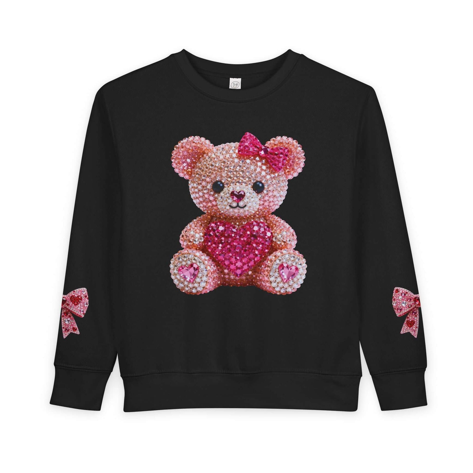 Diamond Teddy Bear design on a black toddler sweatshirt with cute bows on sleeves.