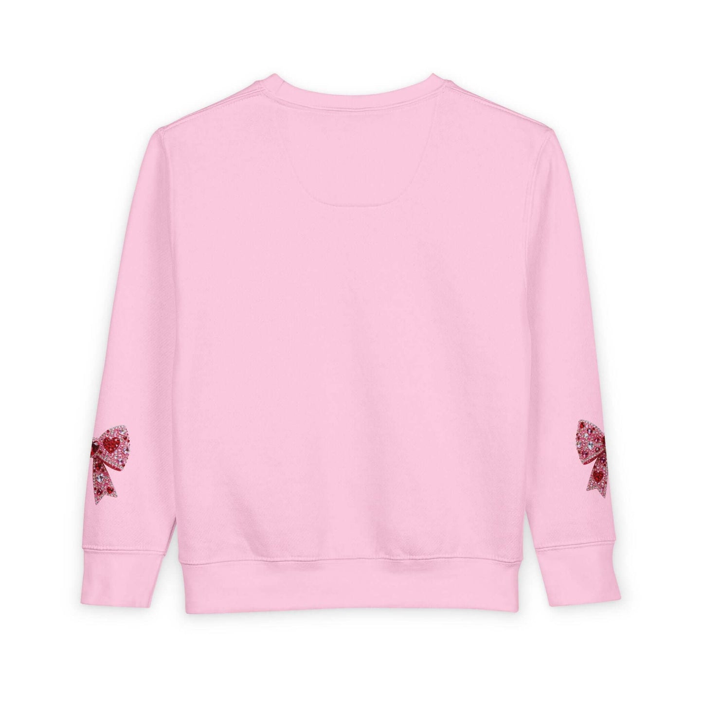 Back view of a pink toddler sweatshirt featuring diamond teddy bear heart design and bow embellishments on sleeves.