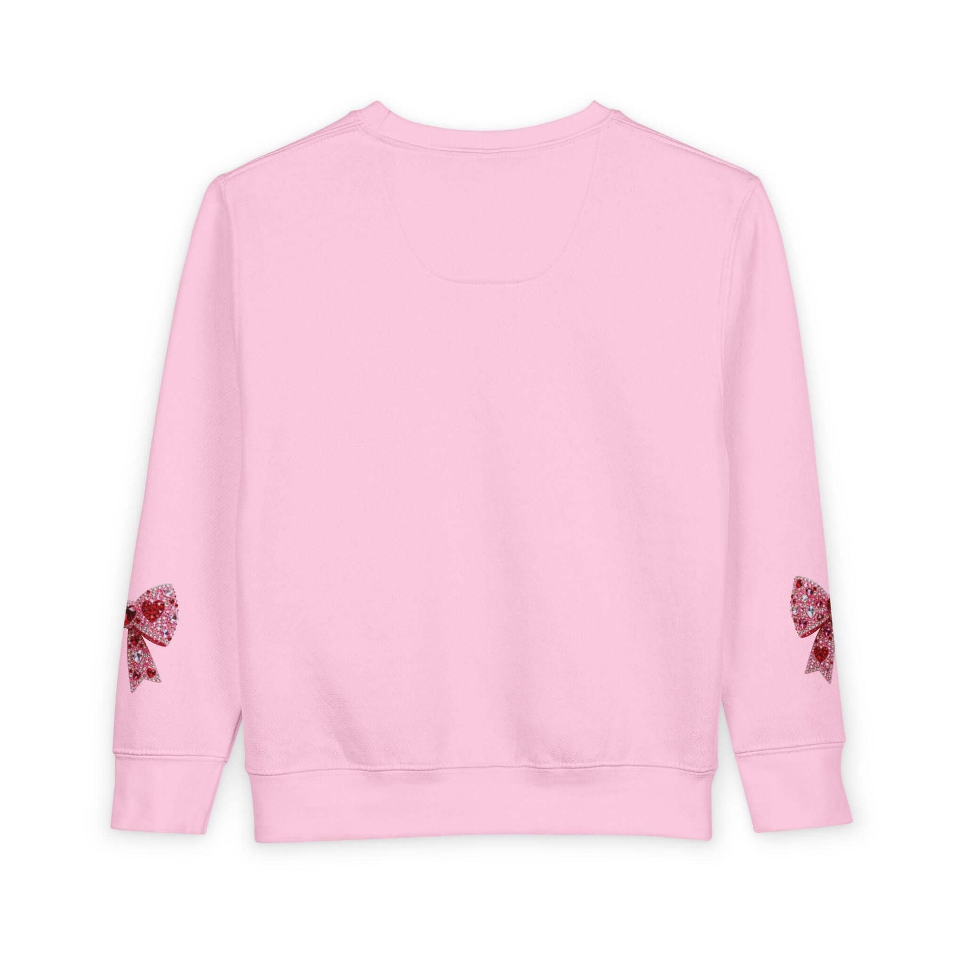 Back view of a pink toddler sweatshirt featuring diamond teddy bear heart design and bow embellishments on sleeves.