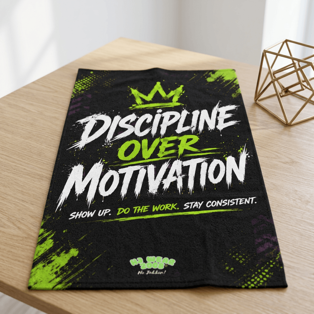 Discipline Gym Towel featuring motivational quote Discipline Over Motivation design on a wooden table.