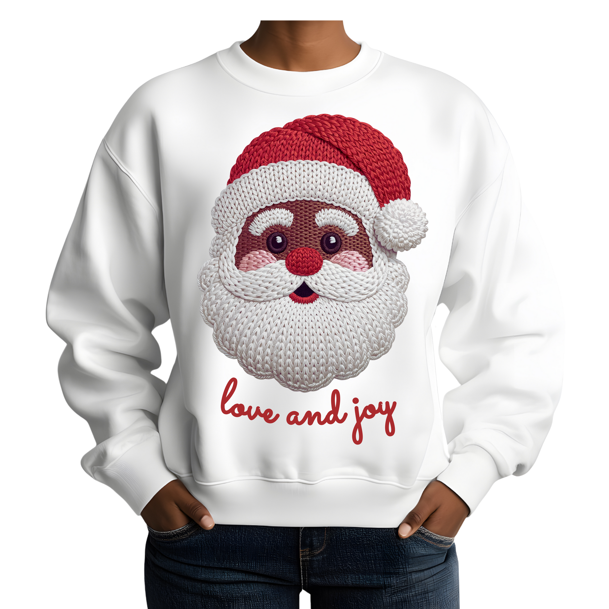 Faux Knitted Embroidery Black Santa Christmas Sweatshirt, Brand63