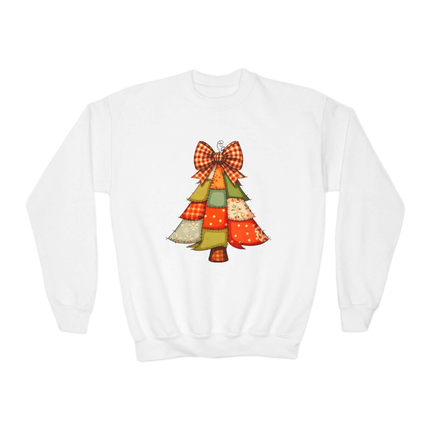 Faux Patchwork Christmas Tree Youth Girls Sweatshirt featuring a patchwork tree design with a bow.