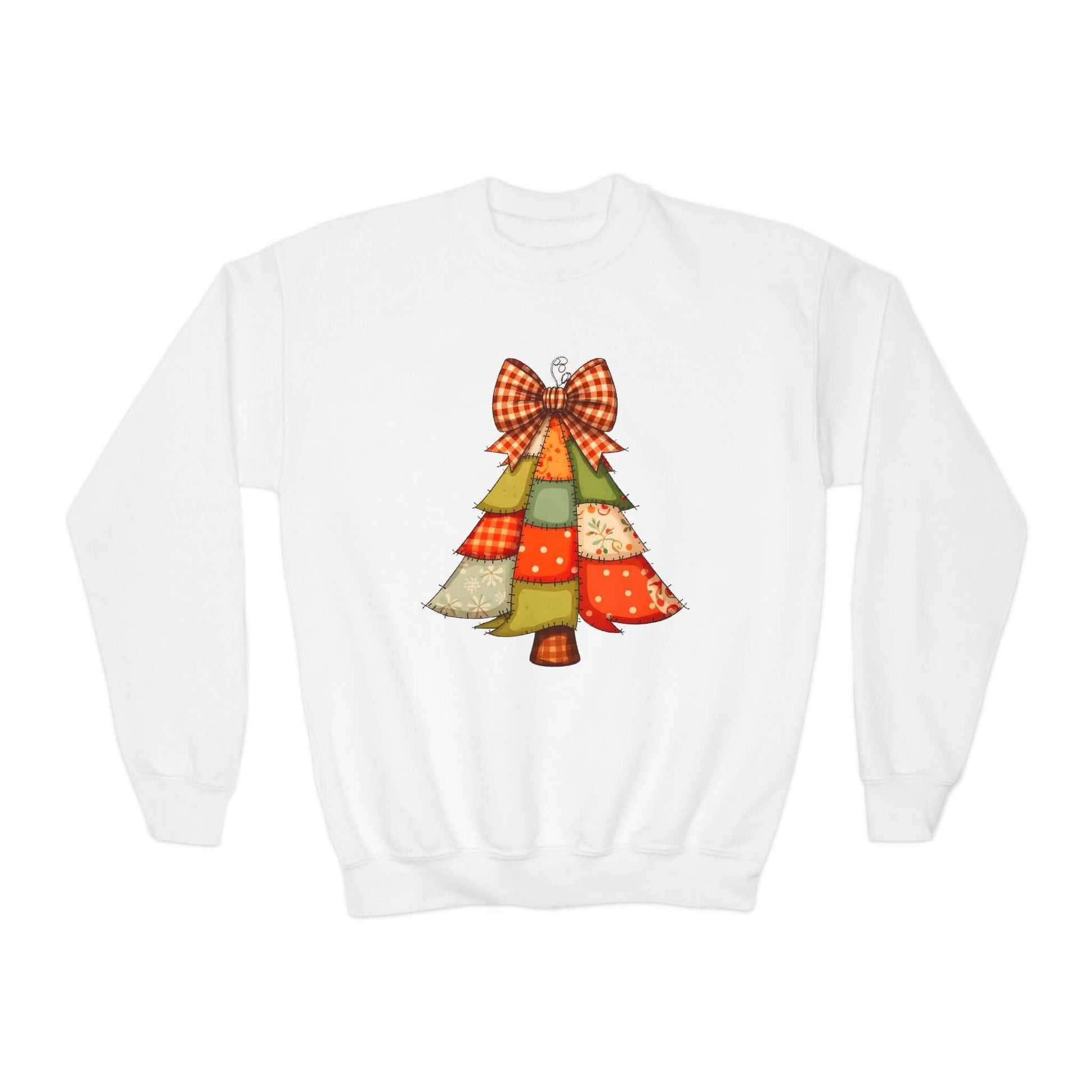 Faux Patchwork Christmas Tree Youth Girls Sweatshirt featuring a patchwork tree design with a bow.