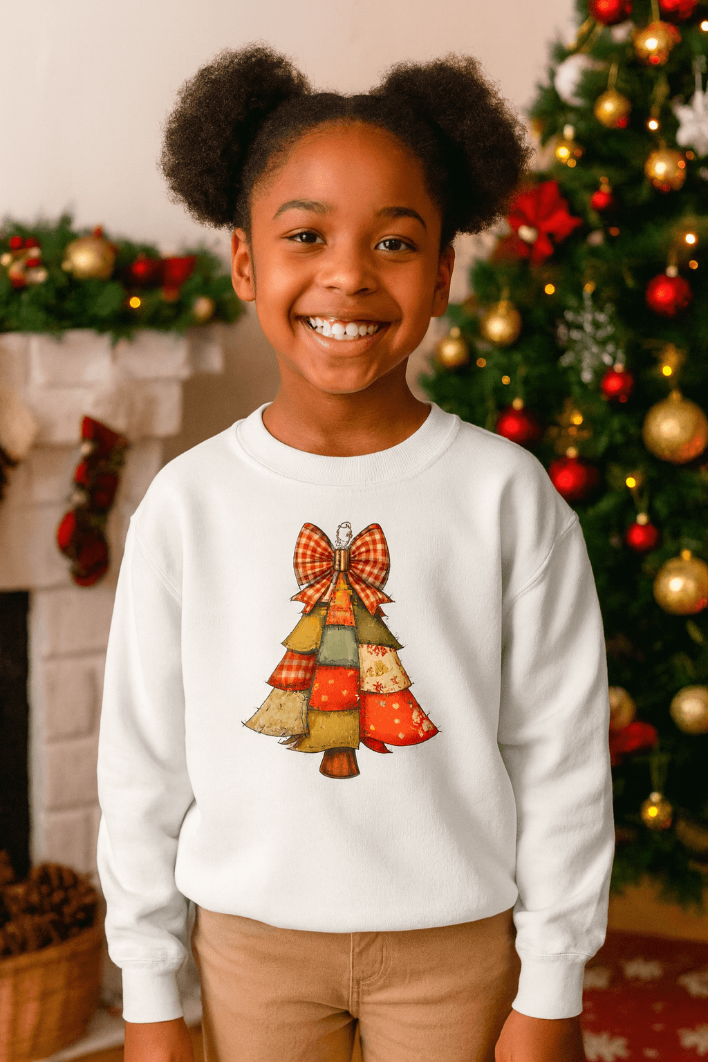 Faux Patchwork Christmas Tree Youth Girls Sweatshirt worn by a smiling girl in front of a decorated Christmas tree.