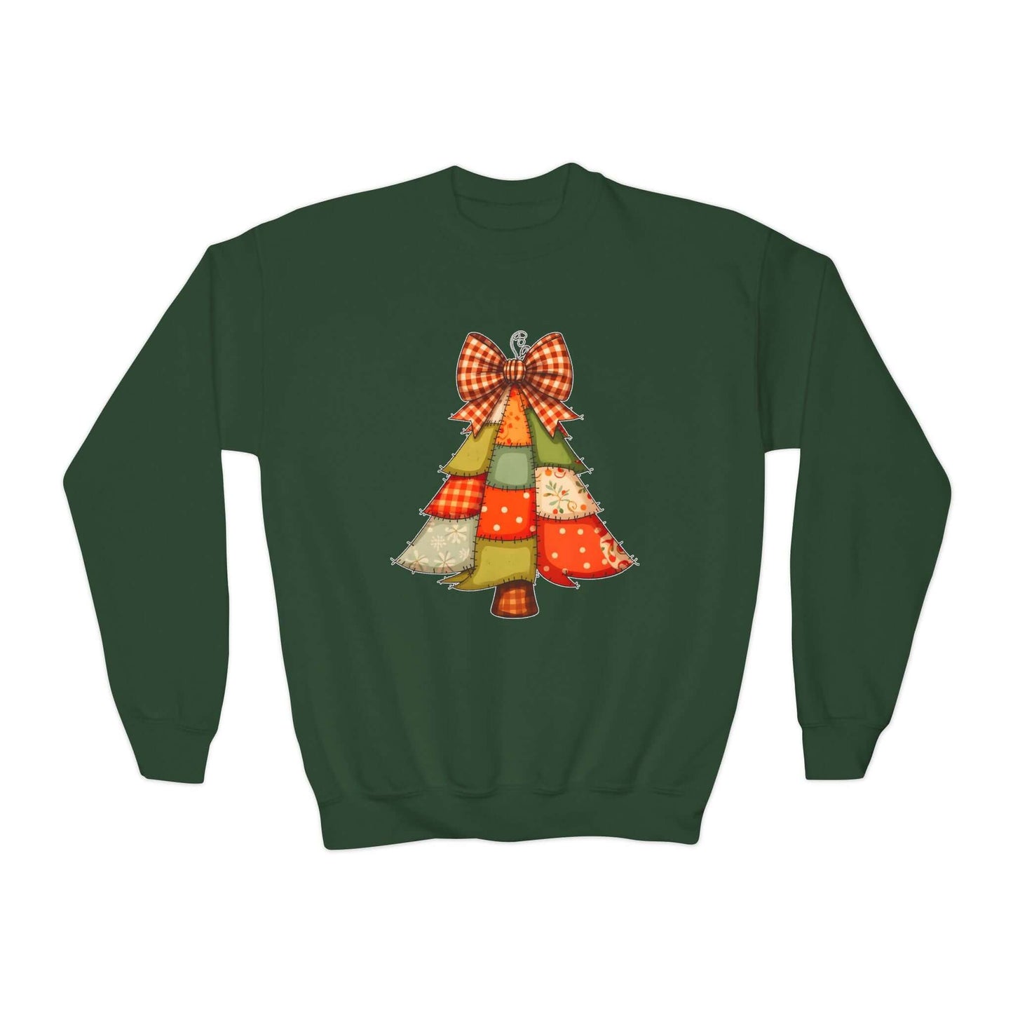 Faux Patchwork Christmas Tree Youth Girls Sweatshirt featuring a festive tree design on a green background.