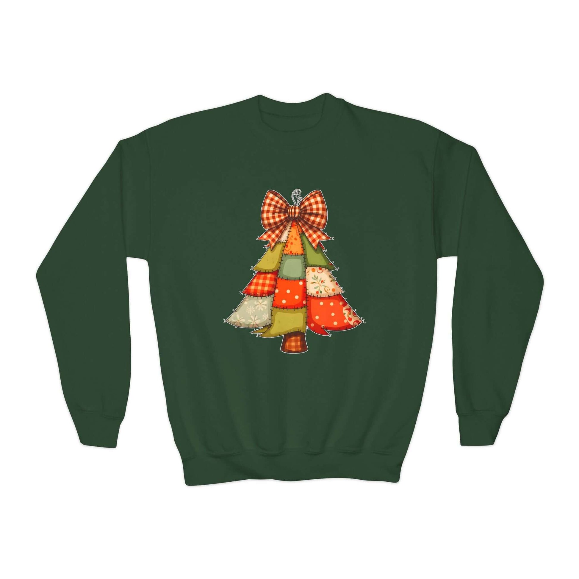 Faux Patchwork Christmas Tree Youth Girls Sweatshirt featuring a festive tree design on a green background.