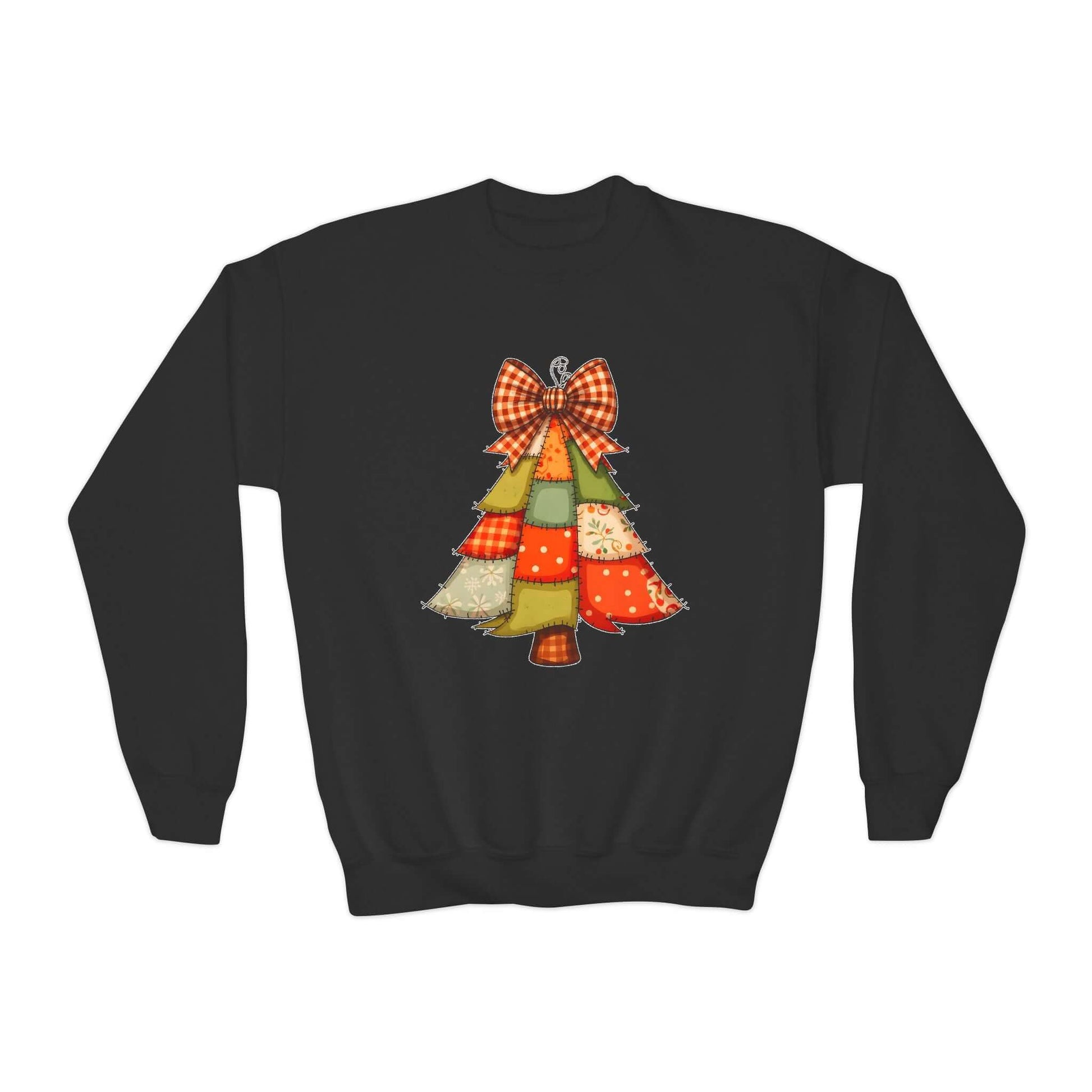 Faux Patchwork Christmas Tree Youth Girls Sweatshirt featuring a colorful patchwork design and festive bow.