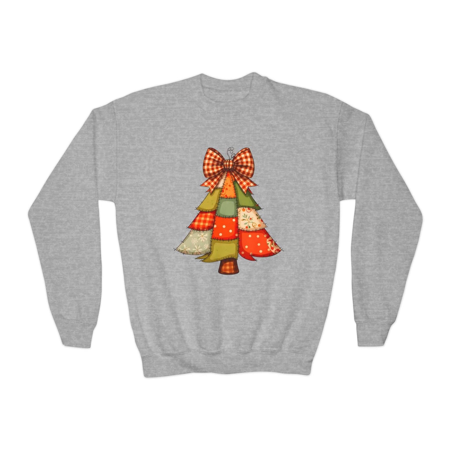 Faux Patchwork Christmas Tree Youth Girls Sweatshirt featuring a festive patchwork tree design on a gray background.