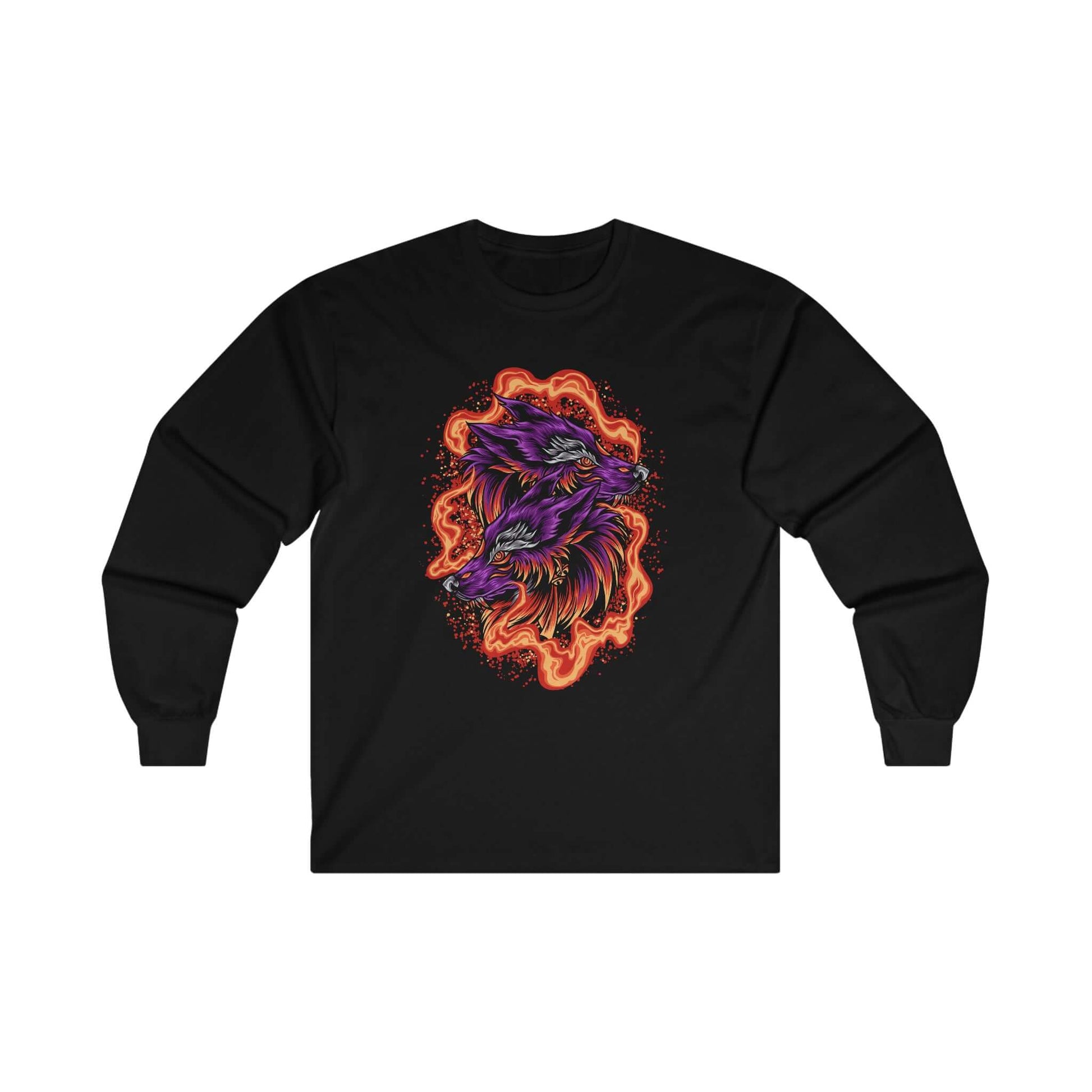 Firery Wolves Cotton Graphic Men's Long Sleeve Tee, Brand63
