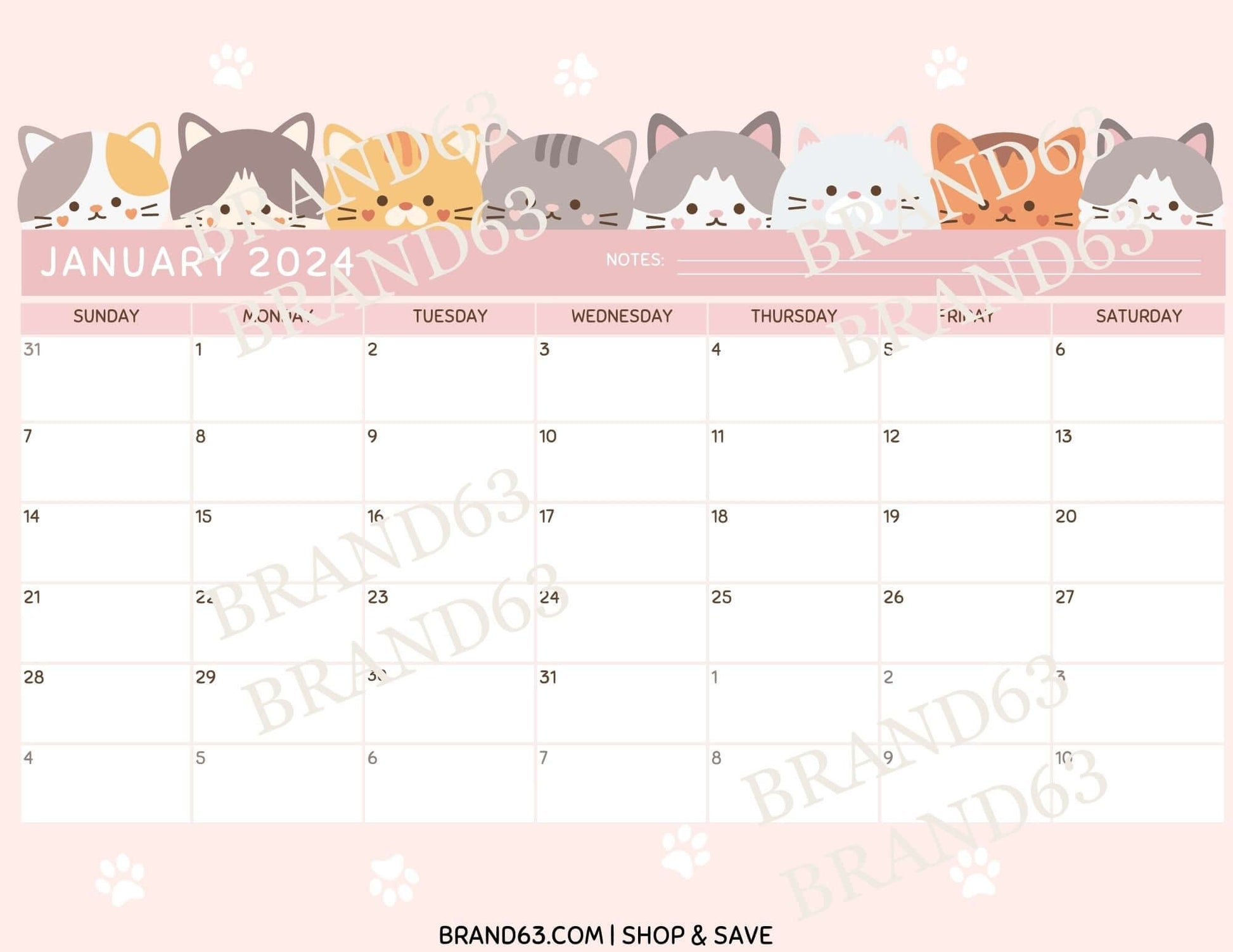 Free Cute Cats January 2024 Calendar Page, PDF Instant Download | FREE, Brand63