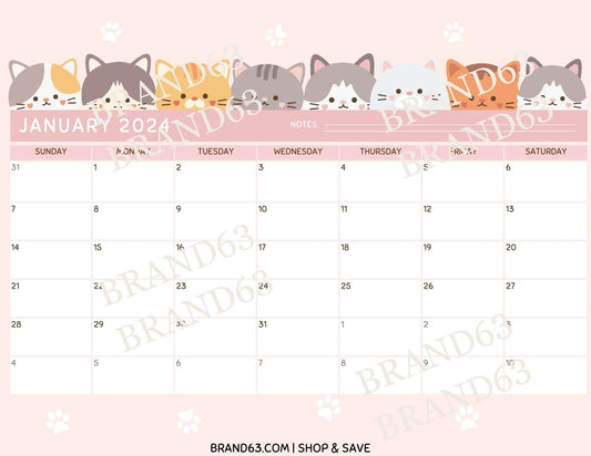 Free Cute Cats January 2024 Calendar Page, PDF Instant Download | FREE, Brand63